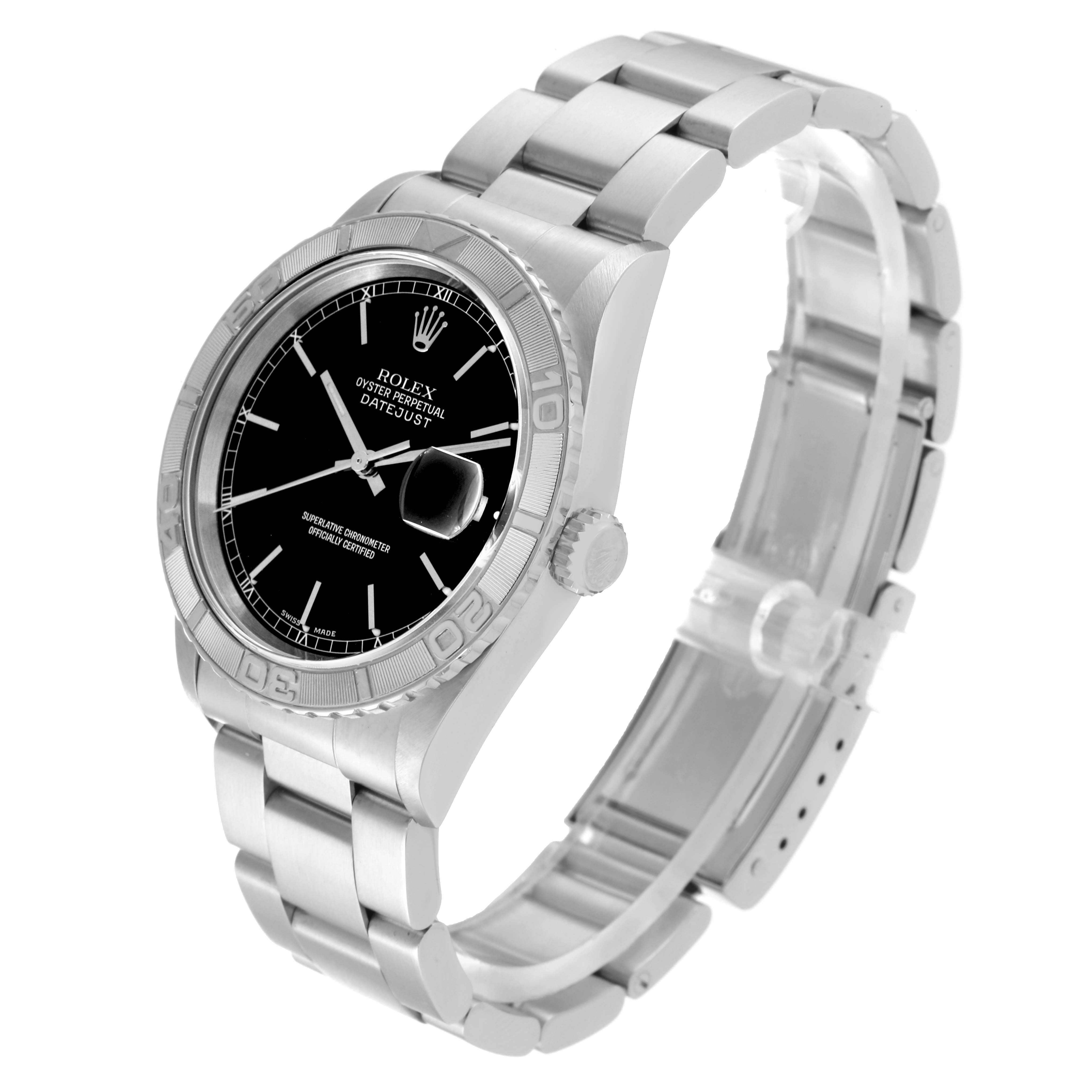 This image shows a Rolex Turn-o-Graph 16264 Men
s Stainless Steel Black Dial 16264 Men
s Stainless Steel Black Dial watch at a 3/4 angle, displaying the dial, bezel, crown, and stainless steel bracelet.