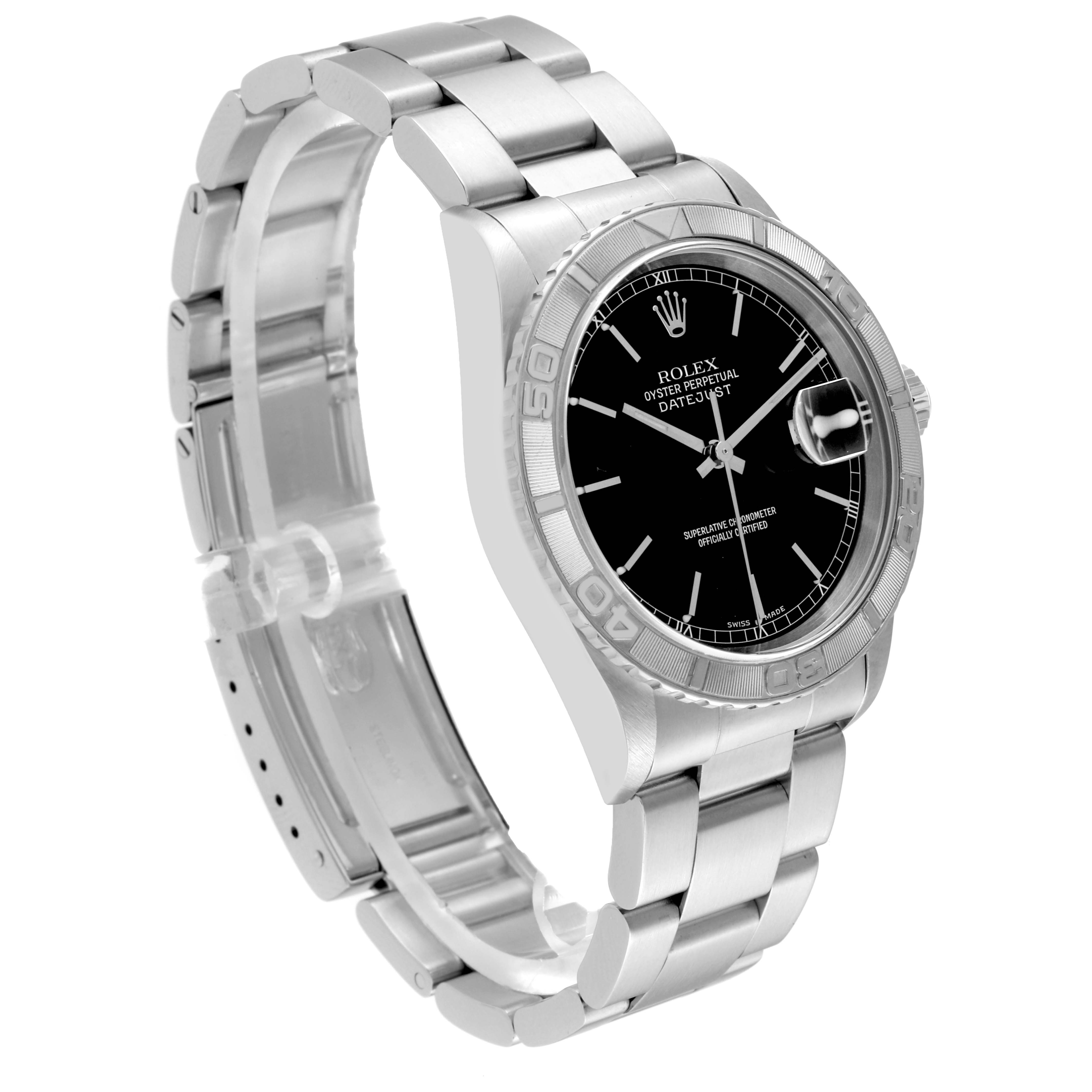 The image shows the Rolex Turn-o-Graph 16264 Men
s Stainless Steel Black Dial 16264 Men
s Stainless Steel Black Dial watch from a front-left angle, highlighting the face, bezel, and bracelet.