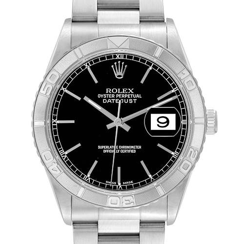 The image shows a front view of a Rolex Turn-o-Graph model watch, highlighting the dial, bezel, and bracelet.