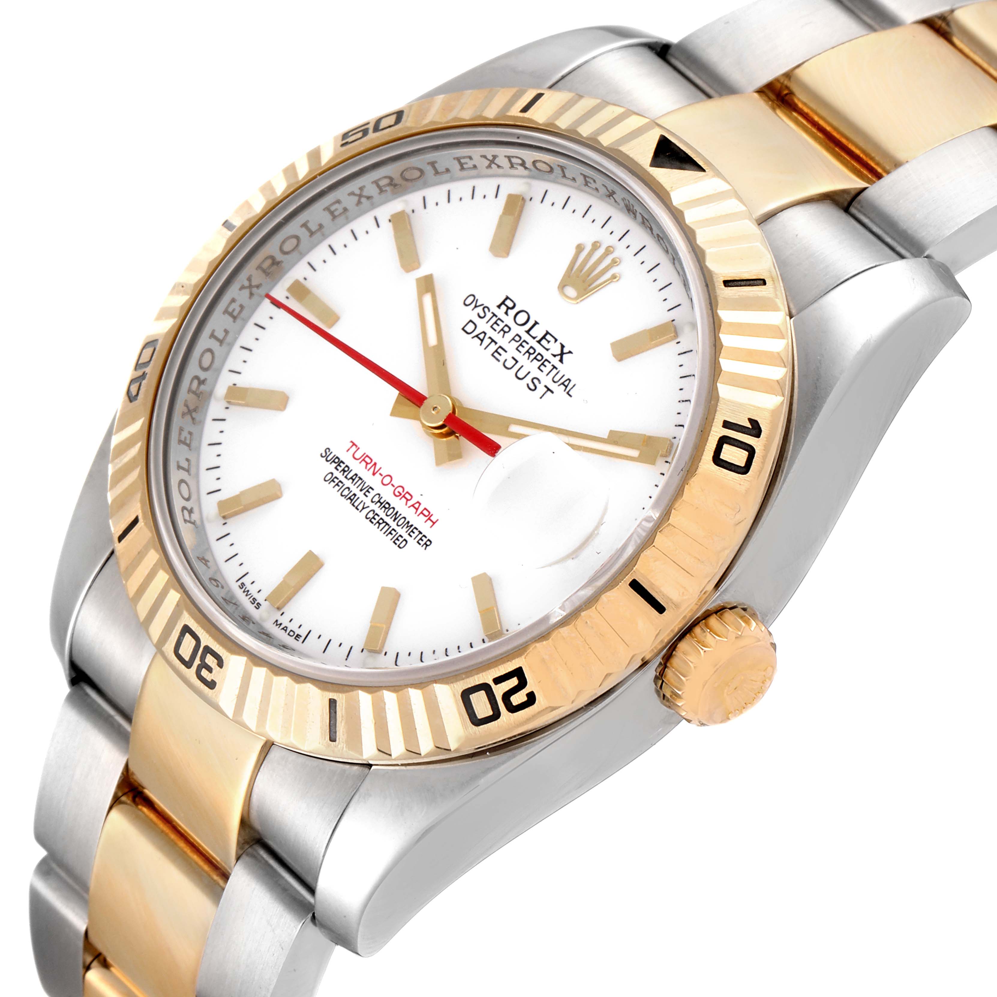 The image shows a close-up of a Rolex Turn-o-Graph 116263 Men's Steel and Gold (two tone) White Dial 116263 Men's Steel and Gold (two tone) White Dial watch, highlighting its white dial, golden bezel, and two-tone bracelet.