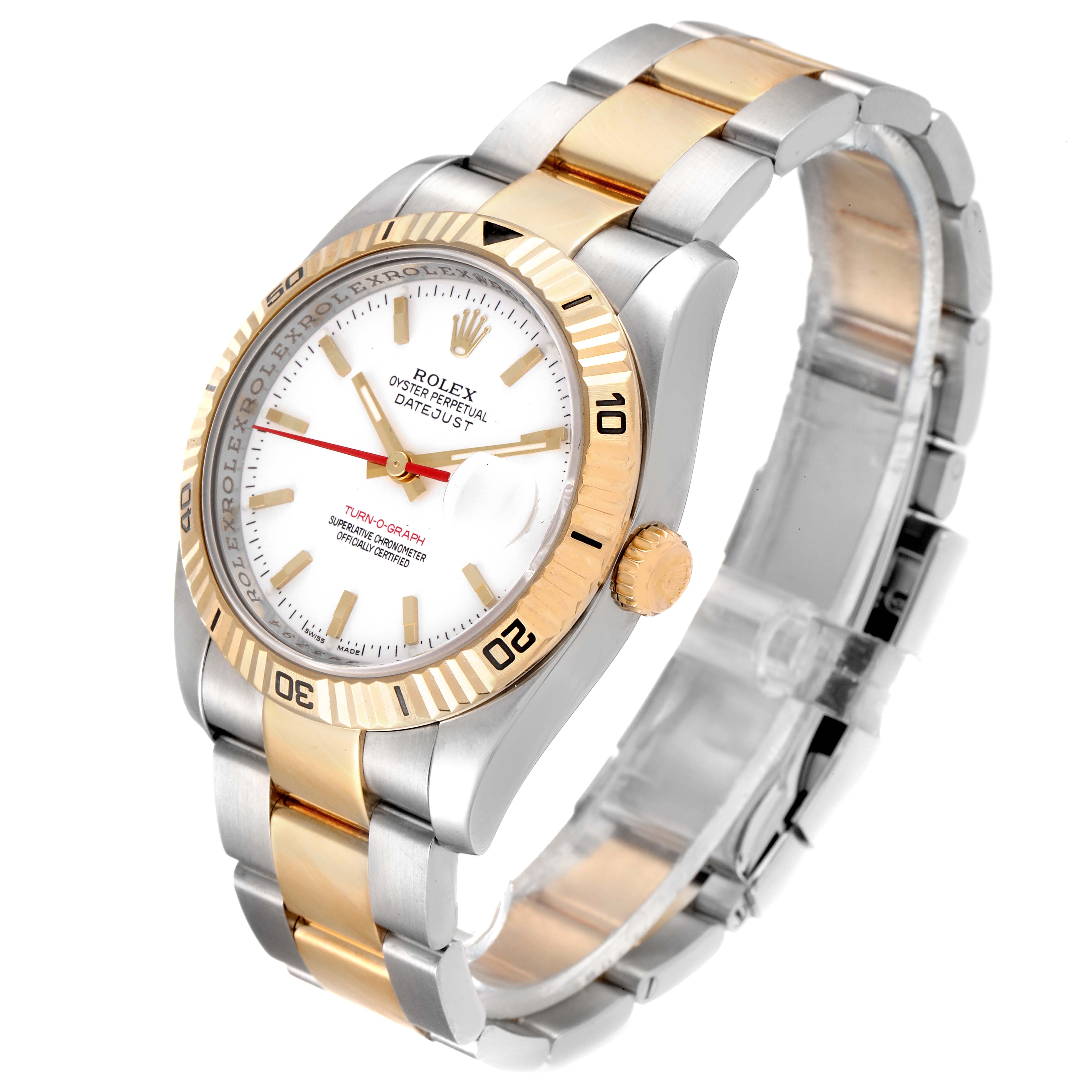 This image shows the face, bezel, and two-tone bracelet of the Rolex Turn-o-Graph 116263 Men's Steel and Gold (two tone) White Dial 116263 Men's Steel and Gold (two tone) White Dial watch, angled slightly to the right.