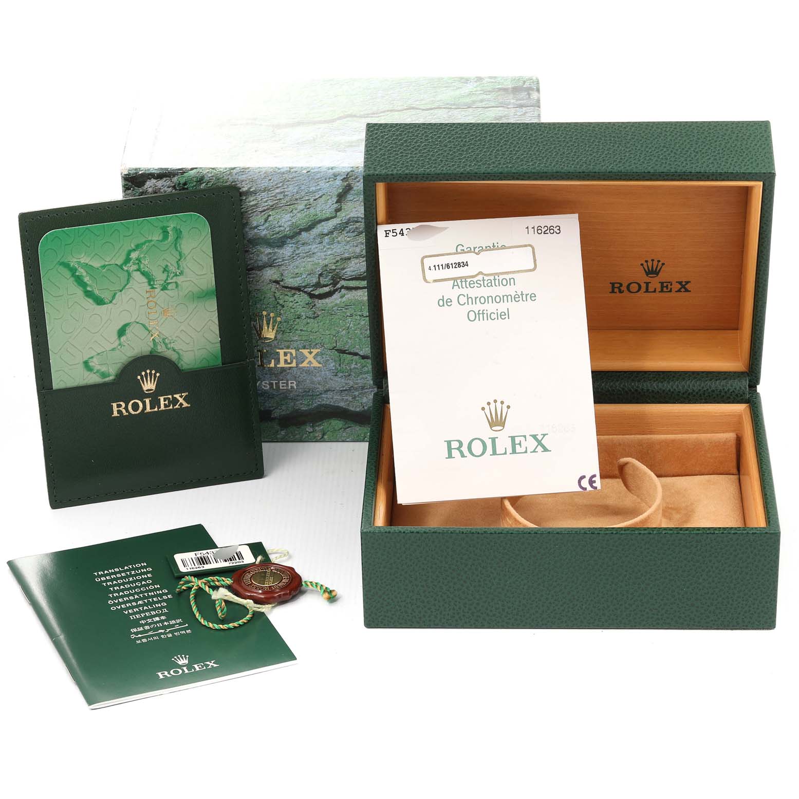 The image shows the packaging, documentation, and accessories for a Rolex Turn-o-Graph 116263 Men's Steel and Gold (two tone) White Dial 116263 Men's Steel and Gold (two tone) White Dial watch.