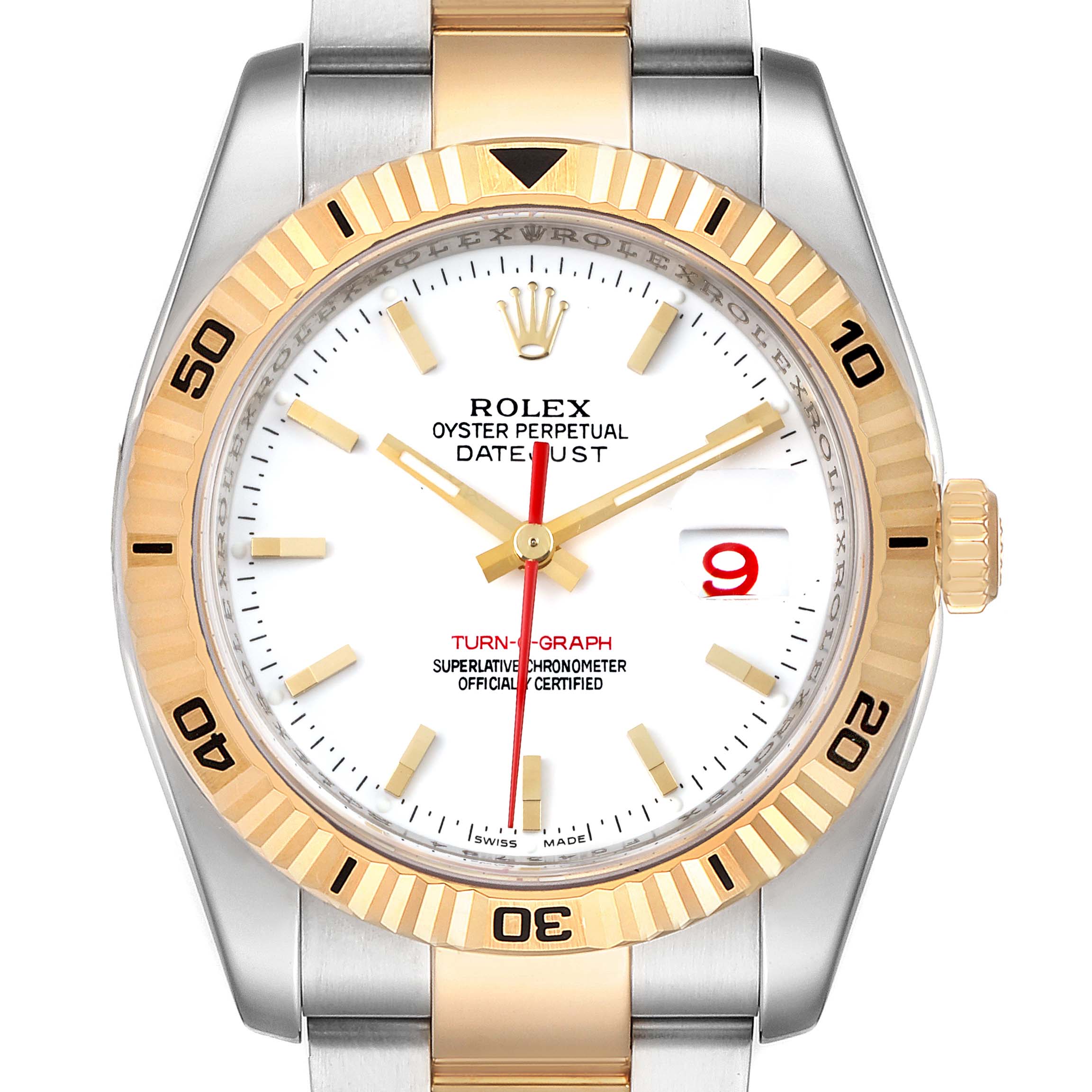 This image shows a front view of a Rolex Turn-o-Graph 116263 Men's Steel and Gold (two tone) White Dial 116263 Men's Steel and Gold (two tone) White Dial watch, highlighting its dial, bezel, crown, and part of the bracelet.