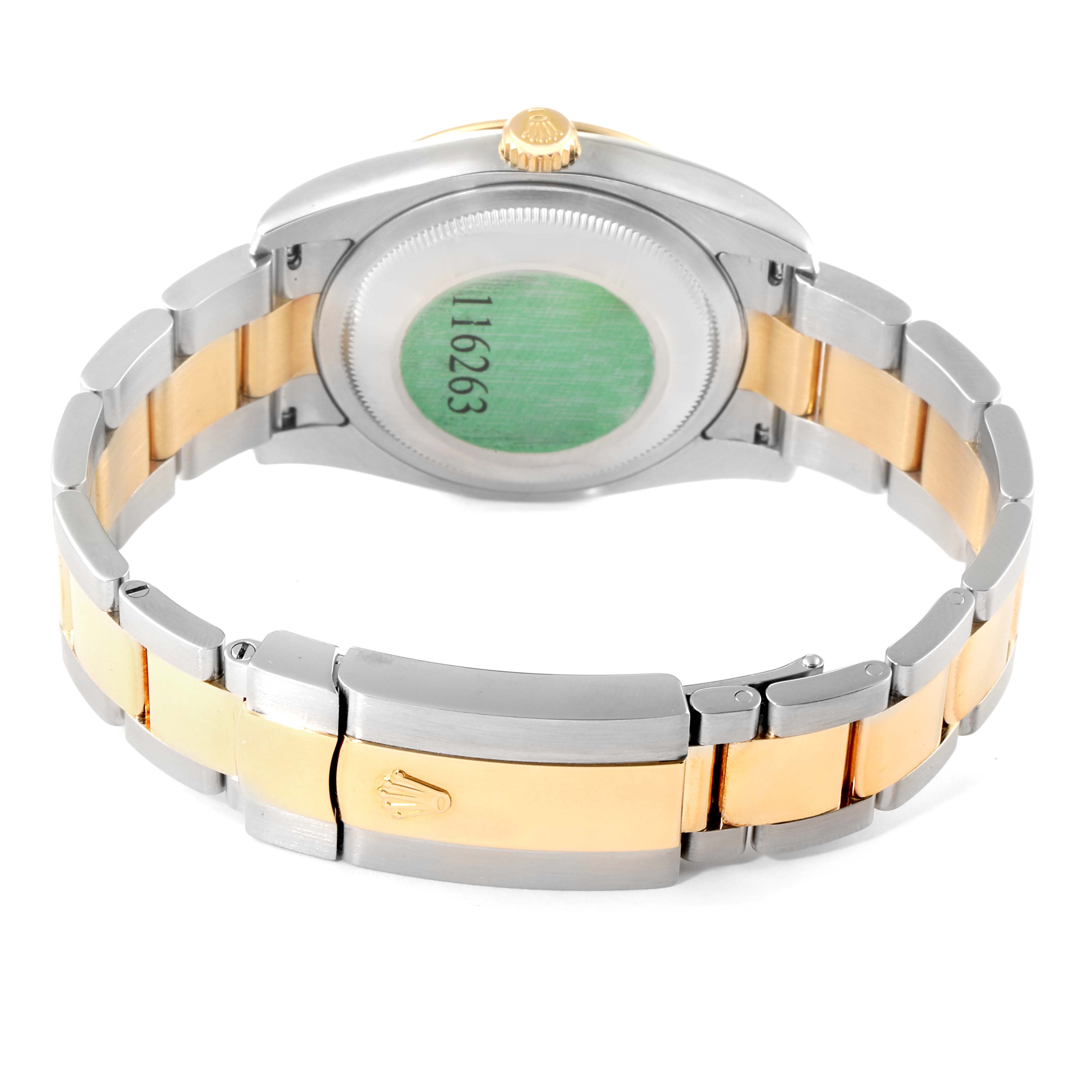 This image shows the back view of a Rolex Turn-o-Graph 116263 Men's Steel and Gold (two tone) White Dial 116263 Men's Steel and Gold (two tone) White Dial watch, highlighting the bracelet and clasp.