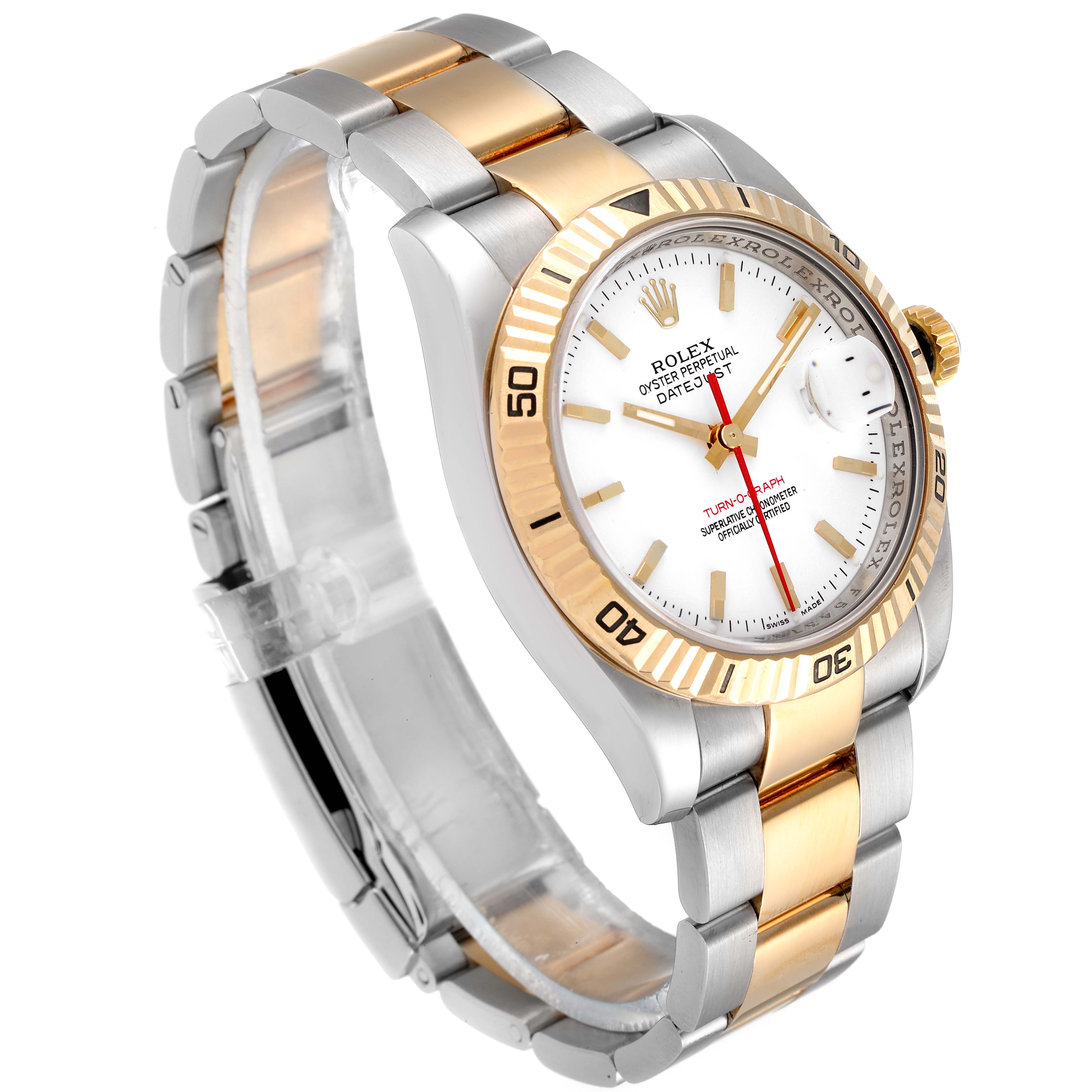 This image shows a Rolex Turn-o-Graph 116263 Men's Steel and Gold (two tone) White Dial 116263 Men's Steel and Gold (two tone) White Dial watch angled from the right side, highlighting the bezel, dial, and oyster bracelet.