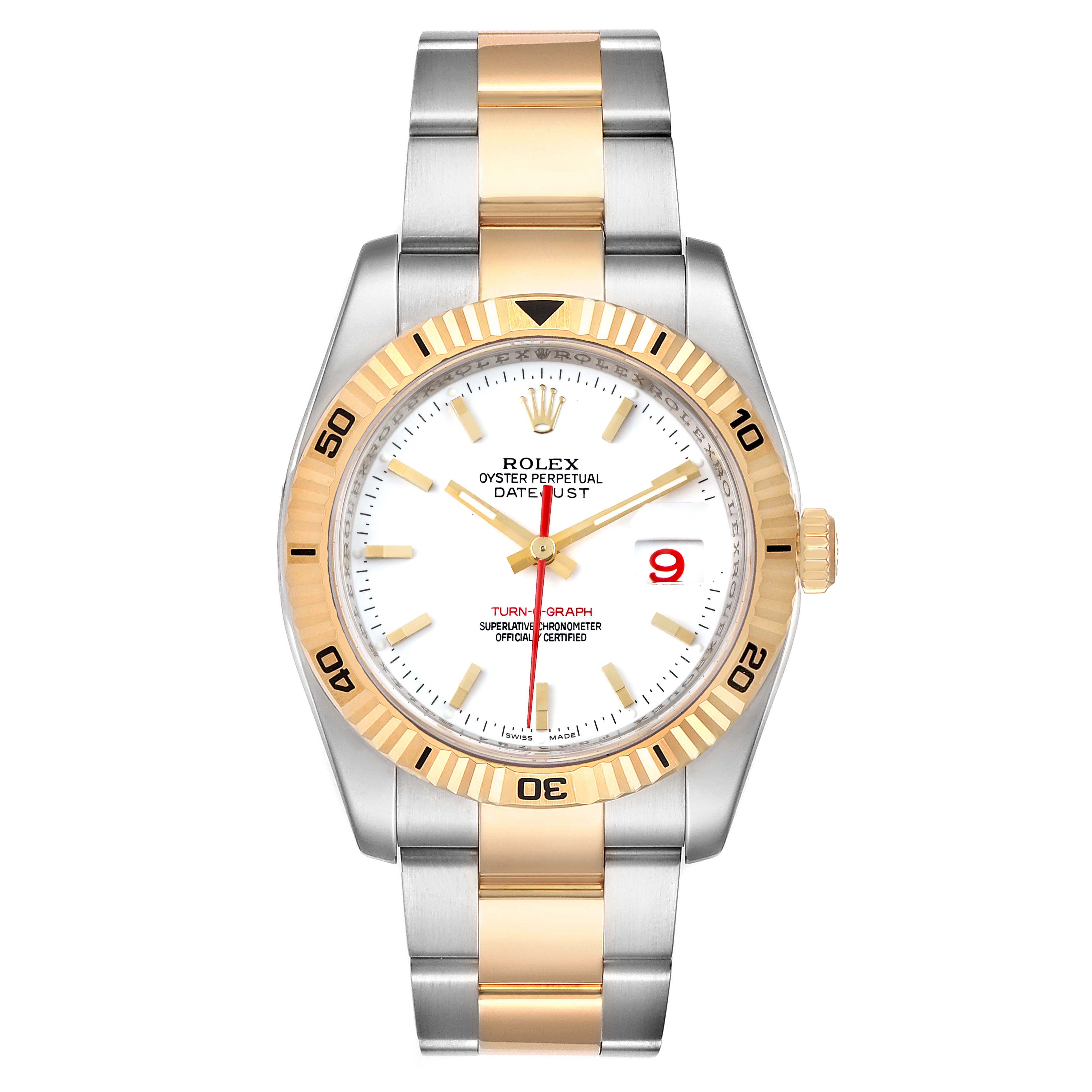 The image shows a front view of the Rolex Turn-o-Graph 116263 Men's Steel and Gold (two tone) White Dial 116263 Men's Steel and Gold (two tone) White Dial watch with a white dial, gold bezel, and two-tone metal bracelet.
