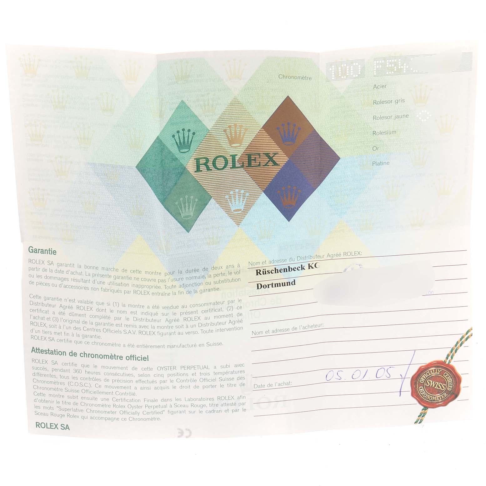 The image shows the warranty paperwork for a Rolex Turn-o-Graph 116263 Men's Steel and Gold (two tone) White Dial 116263 Men's Steel and Gold (two tone) White Dial model, including guarantee and certification details.
