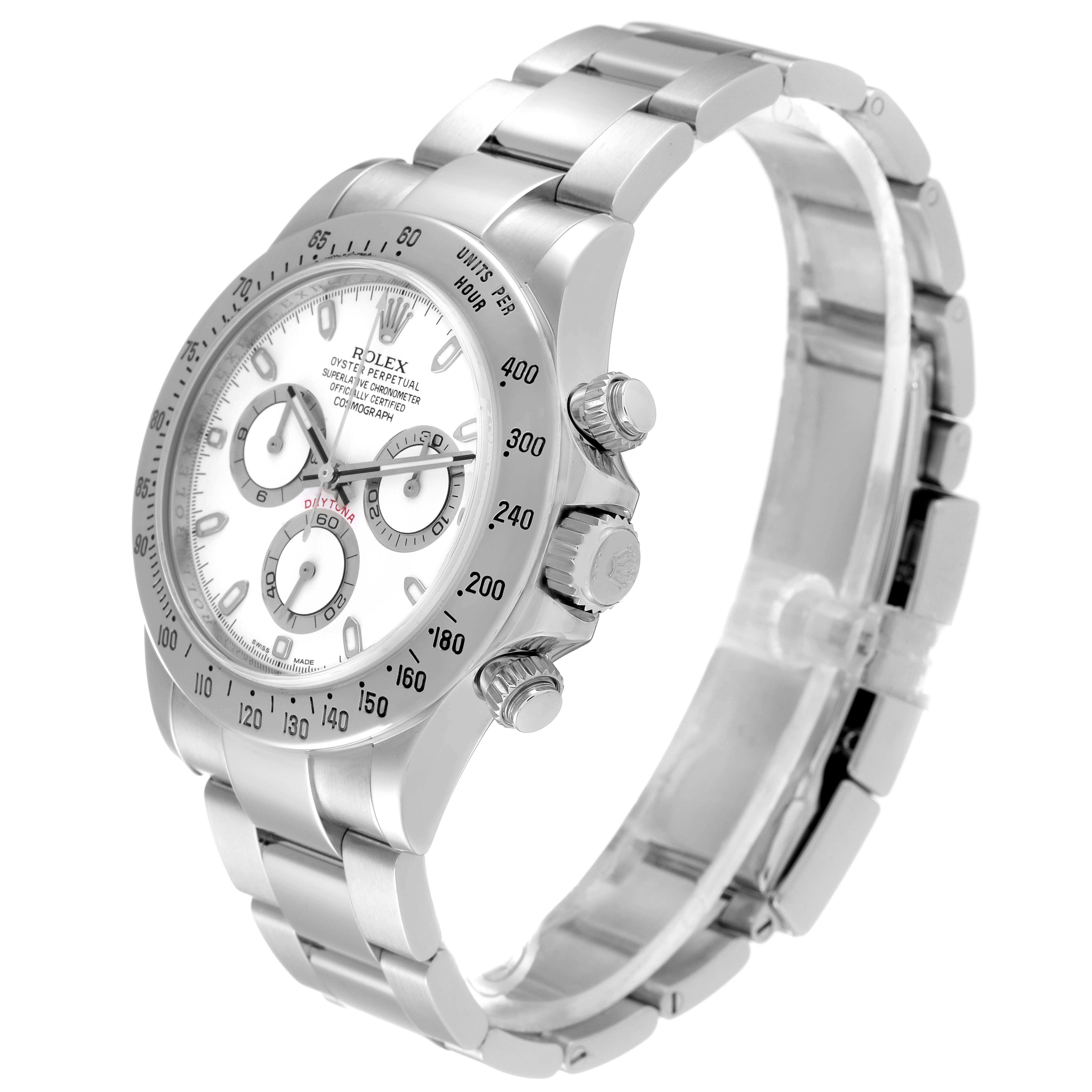 The image shows a Rolex Daytona 116520 Men's Stainless Steel White Dial 116520 Men's Stainless Steel White Dial watch from a side angle, highlighting the bezel, crown, and bracelet.