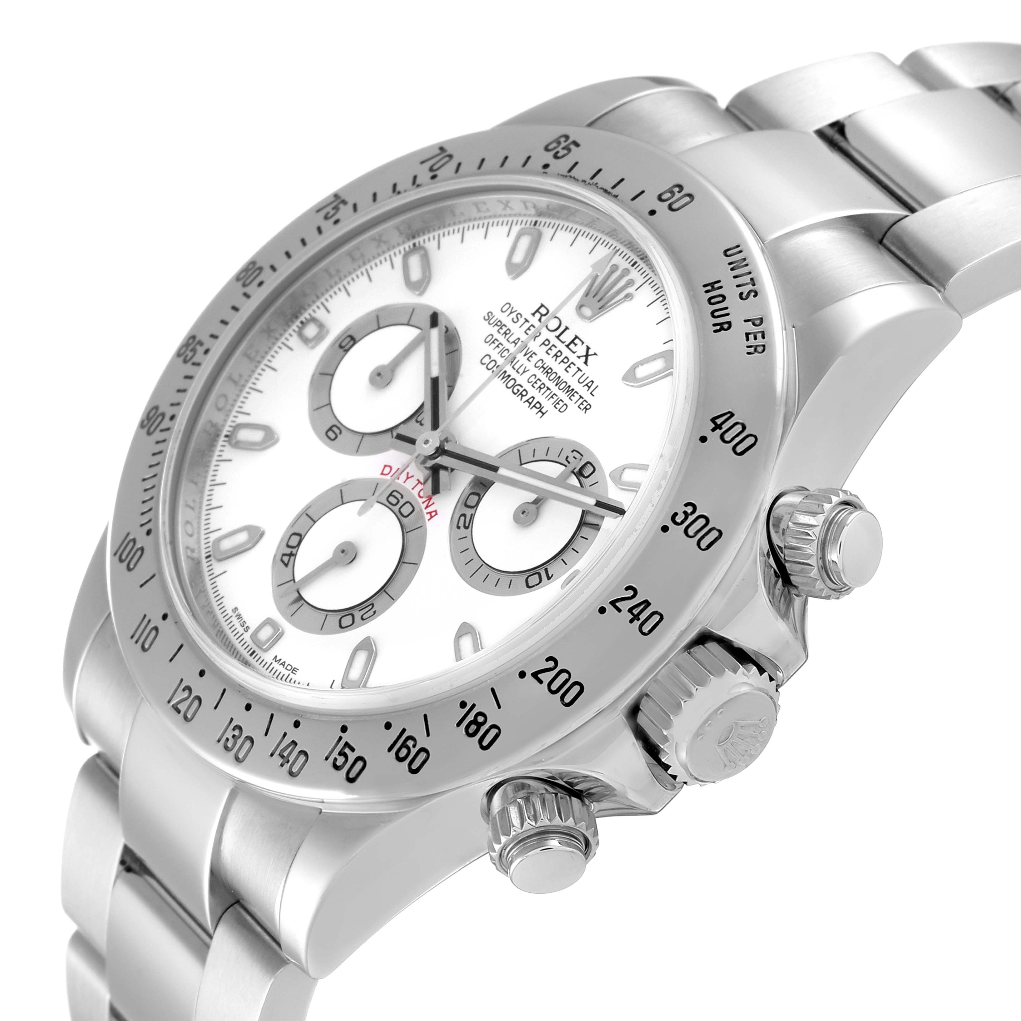 The image shows a close-up angled view of a Rolex Daytona 116520 Men's Stainless Steel White Dial 116520 Men's Stainless Steel White Dial watch, displaying the bezel, crown, pushers, and part of the bracelet.