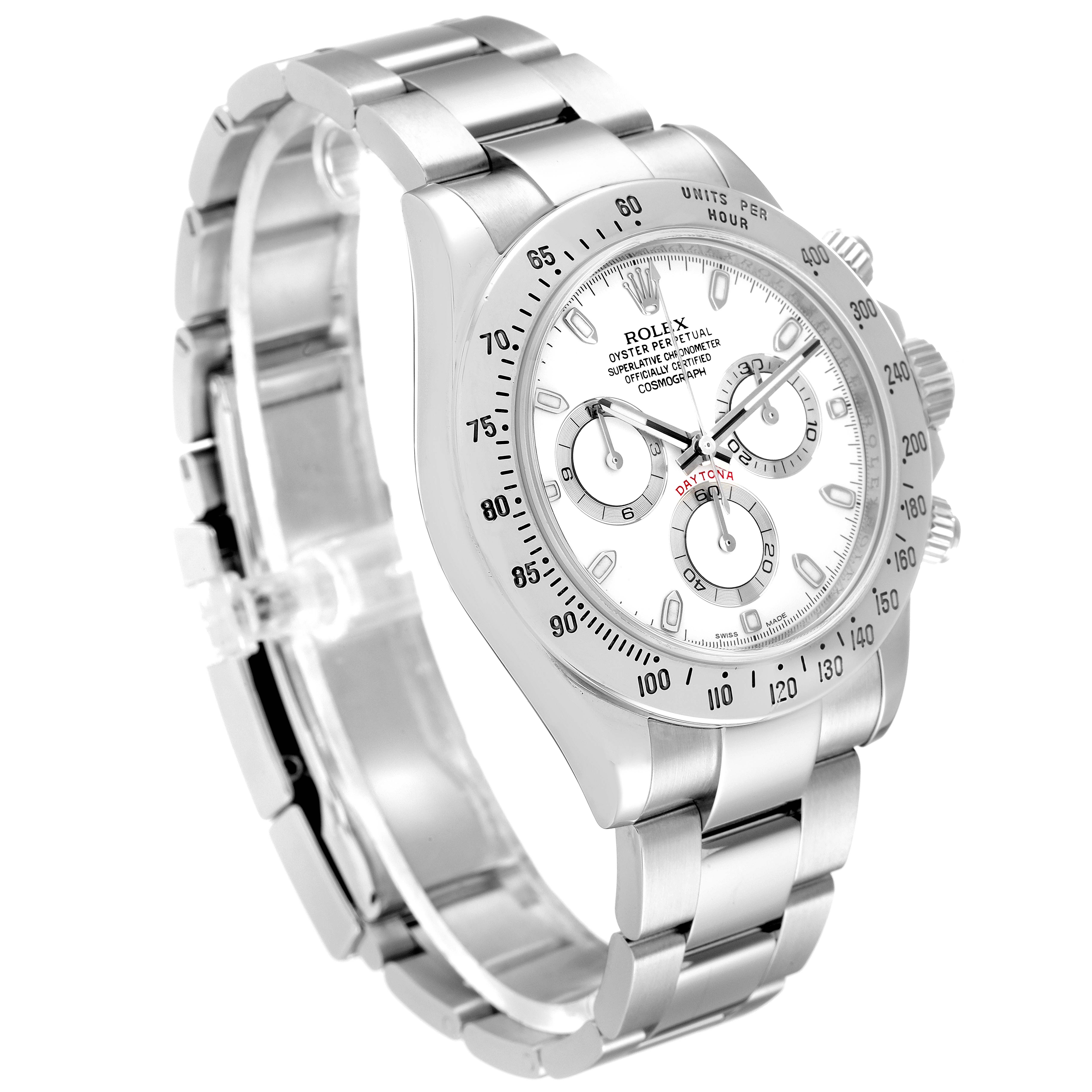 The image shows a Rolex Daytona 116520 Men's Stainless Steel White Dial 116520 Men's Stainless Steel White Dial model watch at an angled view, featuring its dial, chronograph, and metal bracelet.
