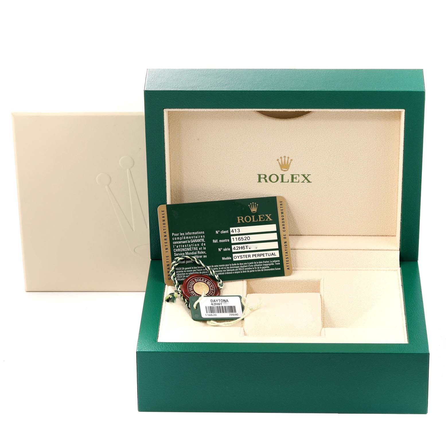 The image shows the packaging box, warranty card, and tags for a Rolex Daytona 116520 Men's Stainless Steel White Dial 116520 Men's Stainless Steel White Dial watch.