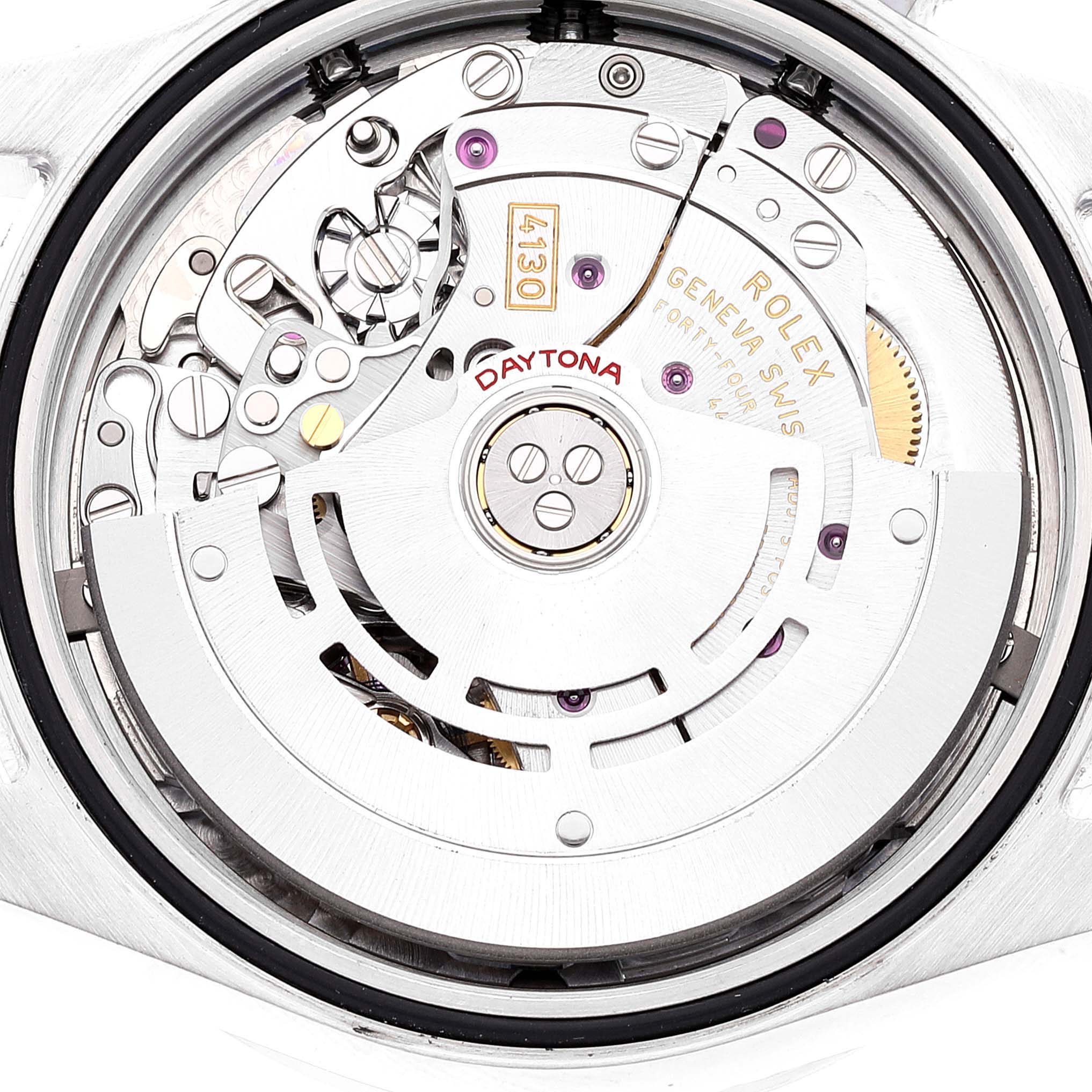 The image shows the movement mechanism of a Rolex Daytona 116520 Men's Stainless Steel White Dial 116520 Men's Stainless Steel White Dial watch from a top-down interior angle.