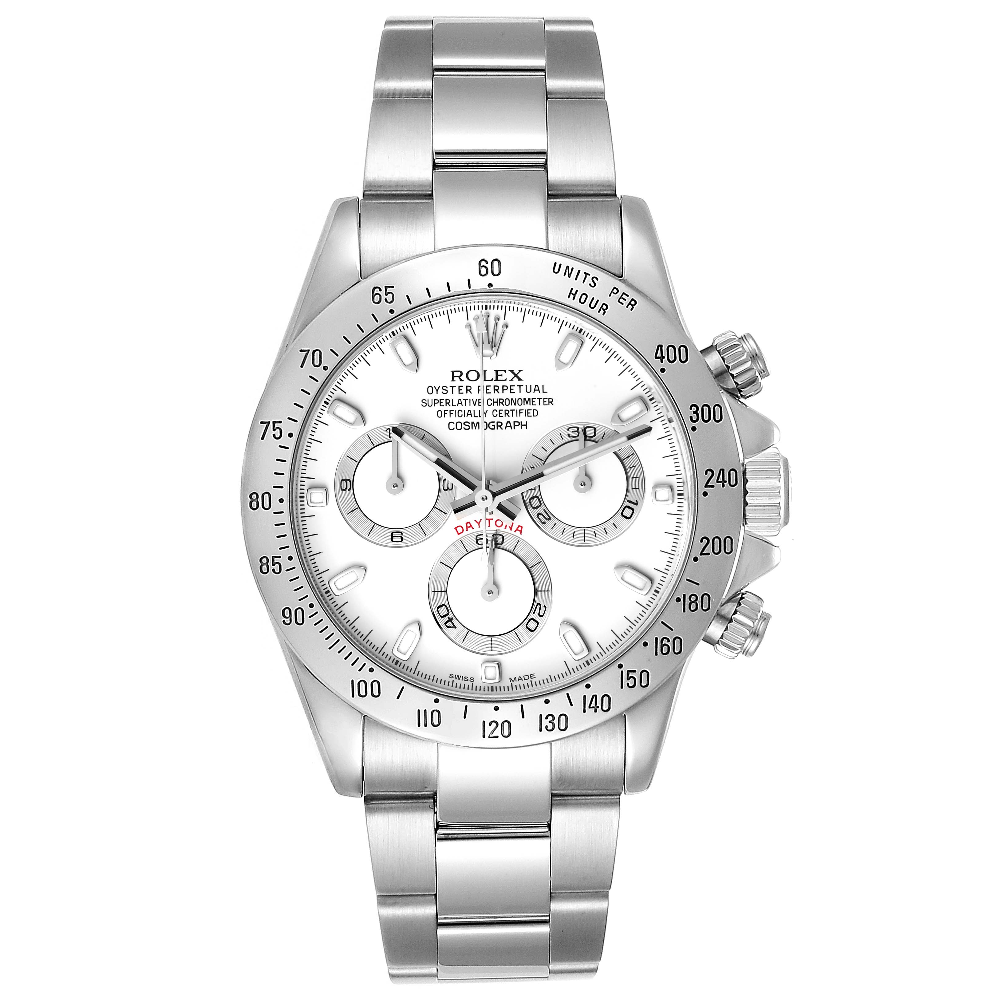 This Rolex Daytona 116520 Men's Stainless Steel White Dial 116520 Men's Stainless Steel White Dial watch is shown from a frontal angle, displaying its dial, bezel, and bracelet.