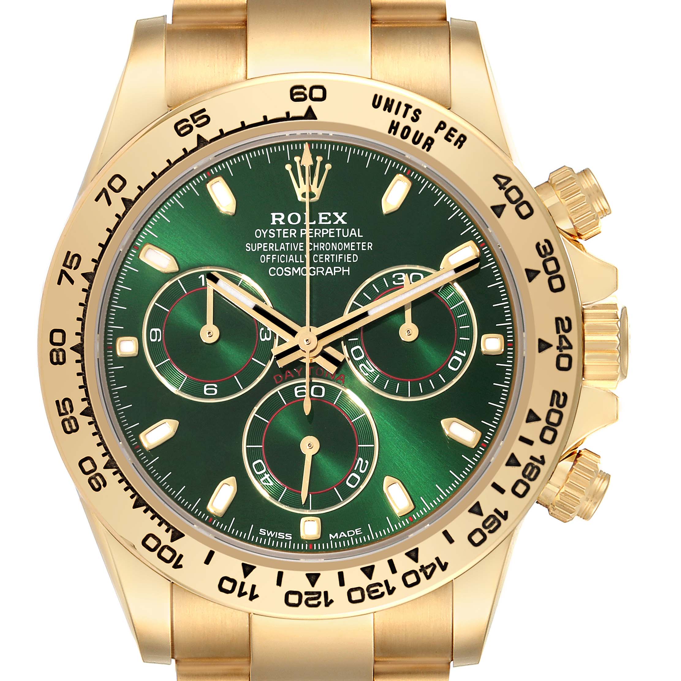 This image shows a frontal view of the Rolex Daytona 116508 Men's Yellow Gold Green Dial 116508 Men's Yellow Gold Green Dial watch, highlighting its dial, bezel, and crown.