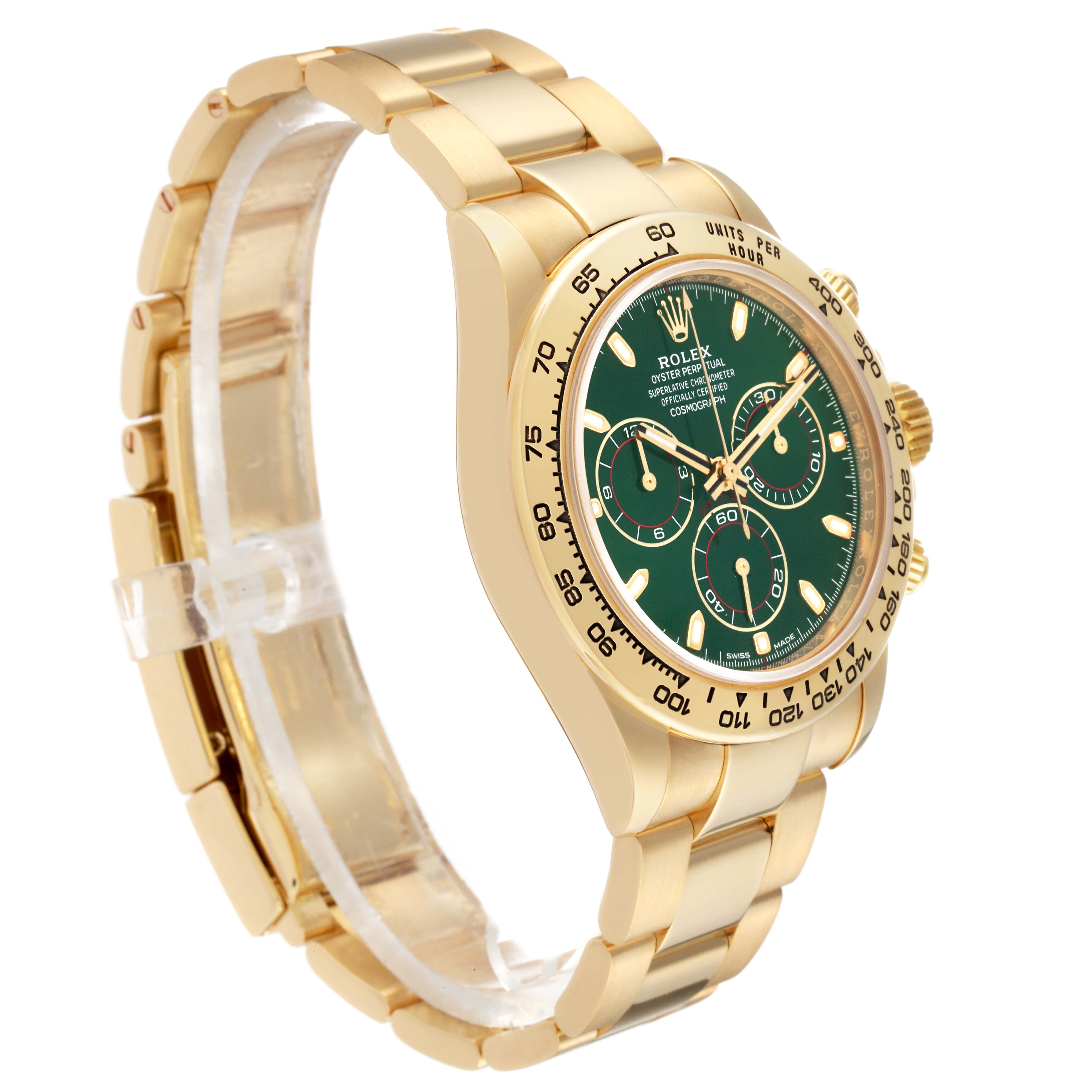 This image shows a side angle of a Rolex Daytona 116508 Men's Yellow Gold Green Dial 116508 Men's Yellow Gold Green Dial watch, highlighting its green dial, gold bezel, and bracelet.