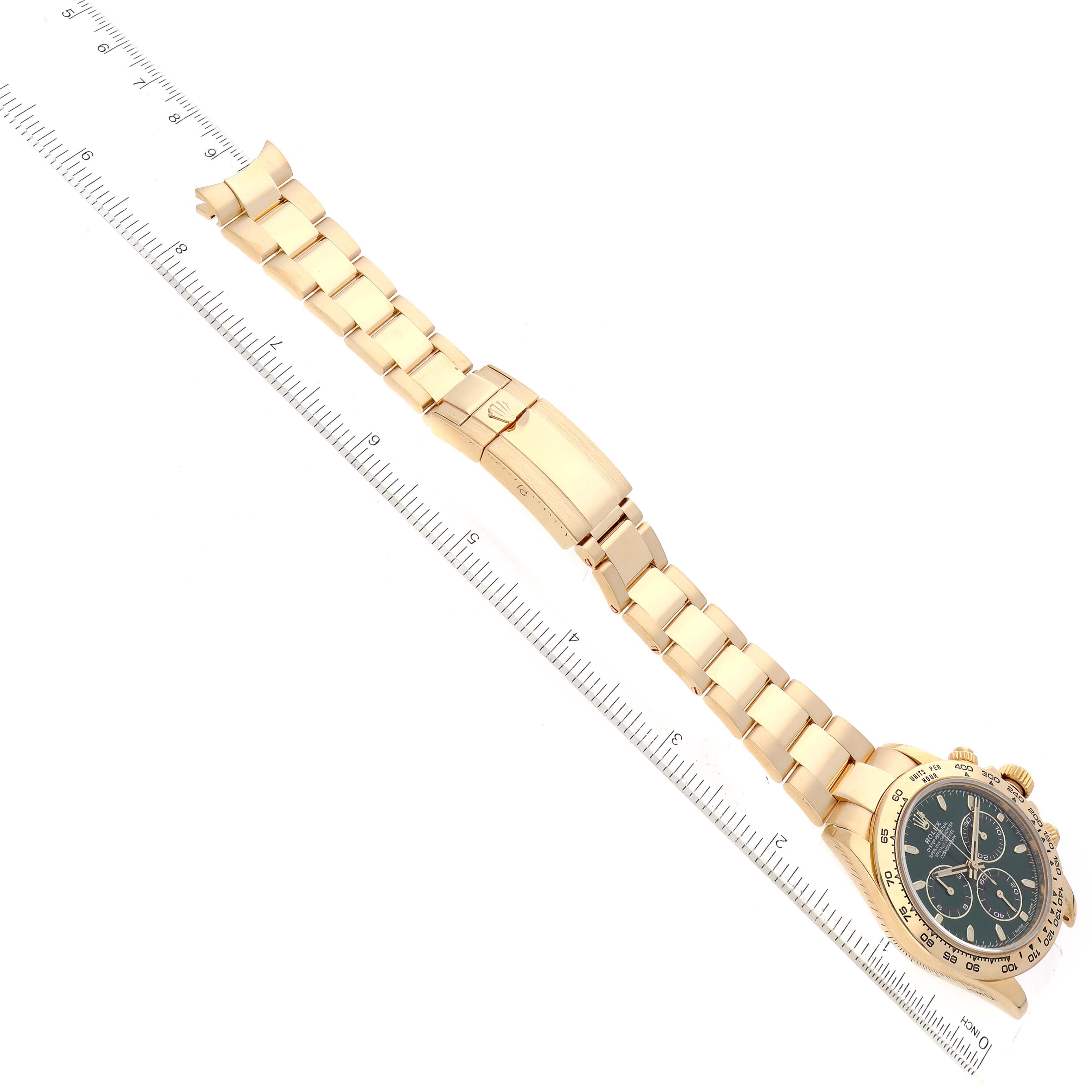 The image shows a Rolex Daytona 116508 Men's Yellow Gold Green Dial 116508 Men's Yellow Gold Green Dial watch laid flat from a top-down angle, highlighting the full bracelet and face.