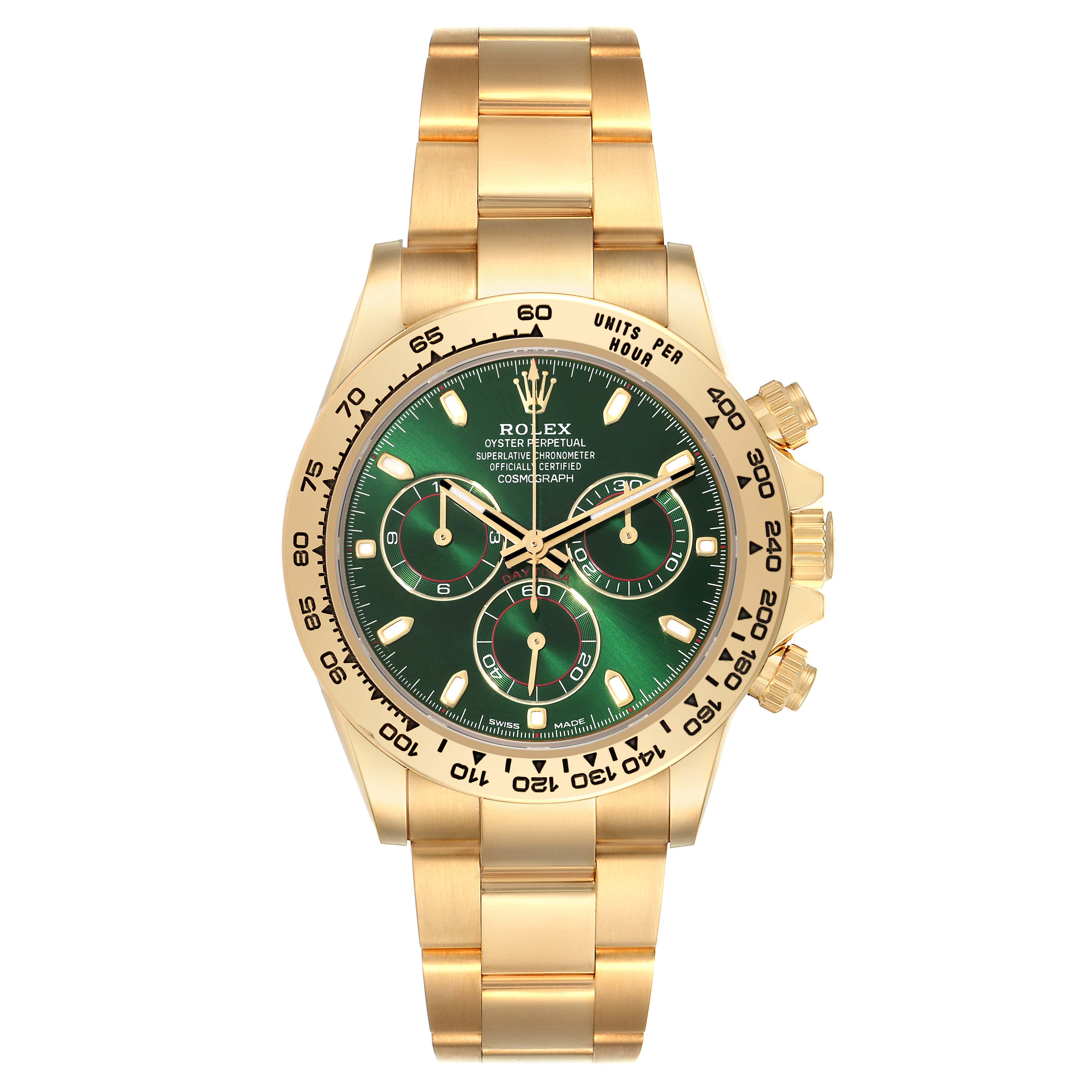 This image shows a frontal view of a Rolex Daytona 116508 Men's Yellow Gold Green Dial 116508 Men's Yellow Gold Green Dial watch, highlighting its gold bracelet, green dial, and chronograph sub-dials.