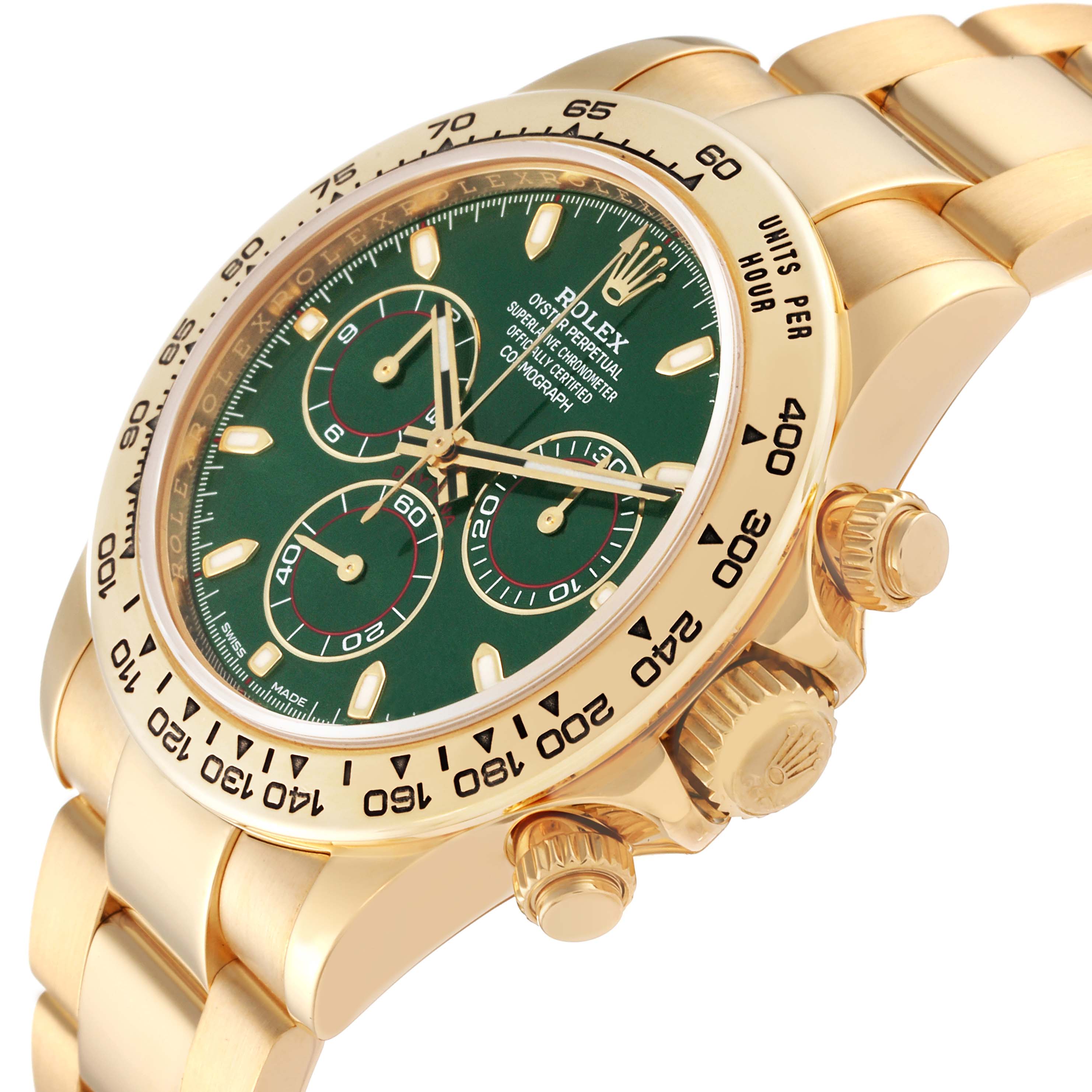 This image shows a close-up angle of a Rolex Daytona 116508 Men's Yellow Gold Green Dial 116508 Men's Yellow Gold Green Dial watch, highlighting the green dial, bezel, crown, and part of the bracelet.