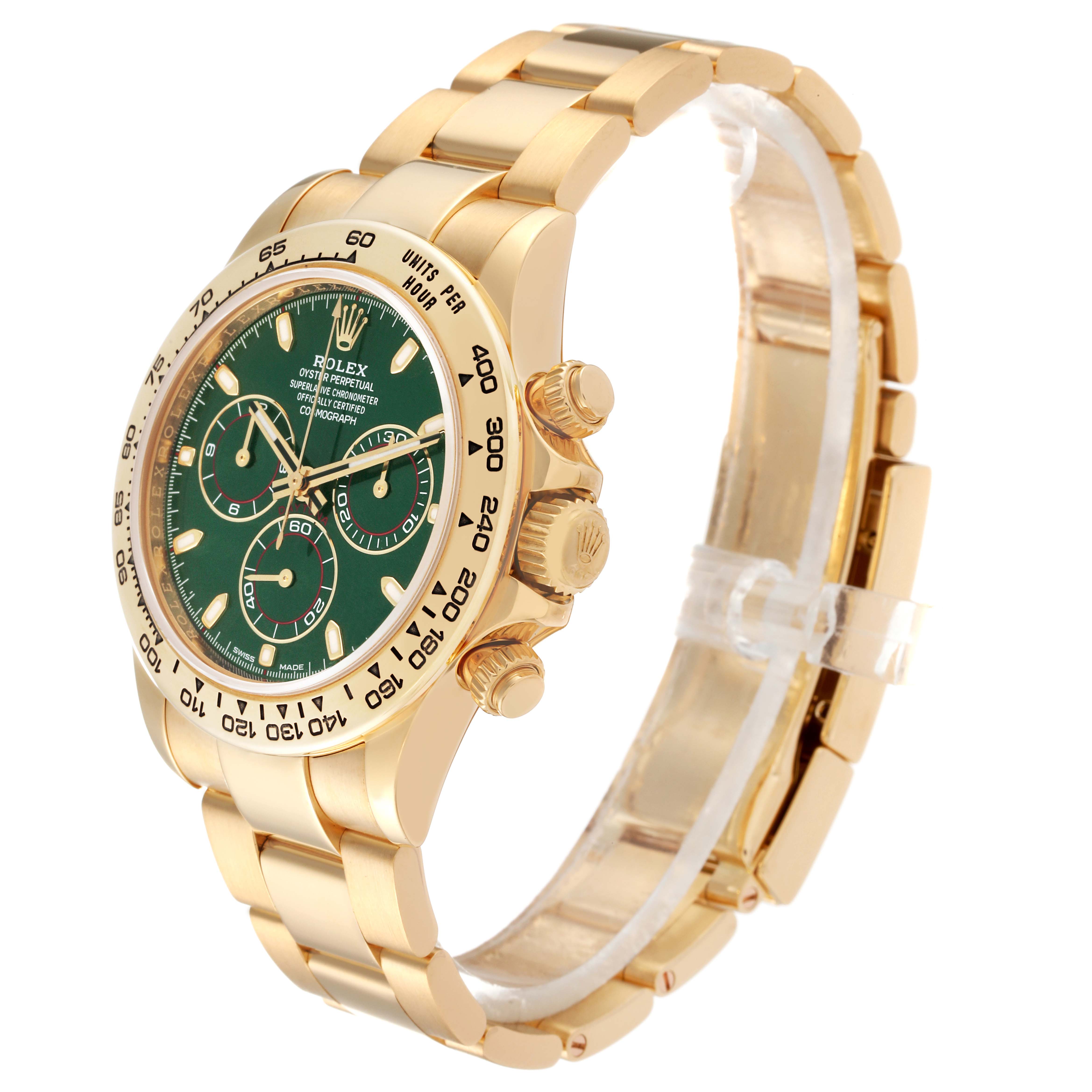The Rolex Daytona 116508 Men's Yellow Gold Green Dial 116508 Men's Yellow Gold Green Dial watch is shown at a three-quarter angle, highlighting the bezel, face, subdials, and bracelet.