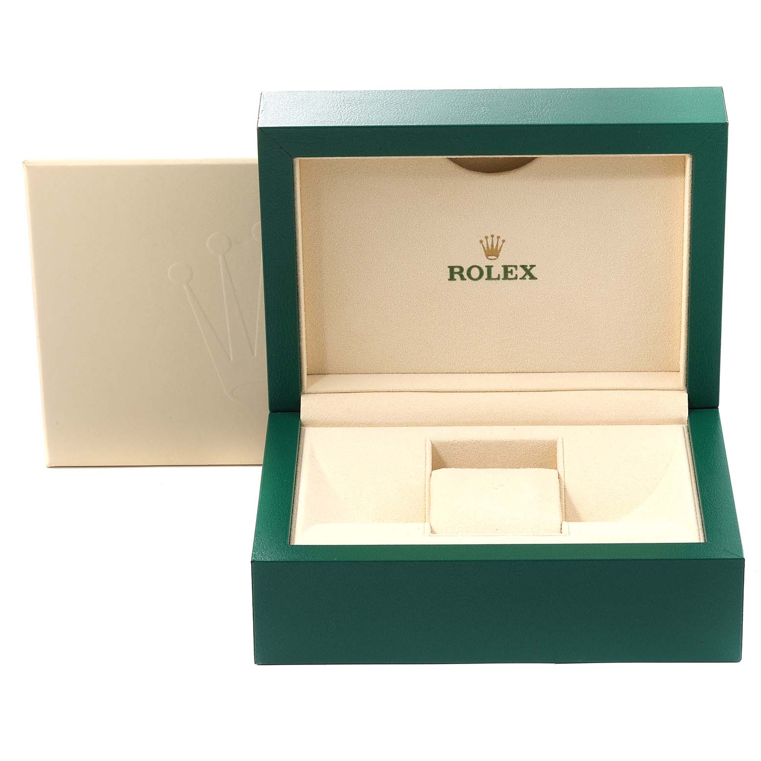 This image shows an open Rolex watch box and its outer cover, presumably for a Daytona model.