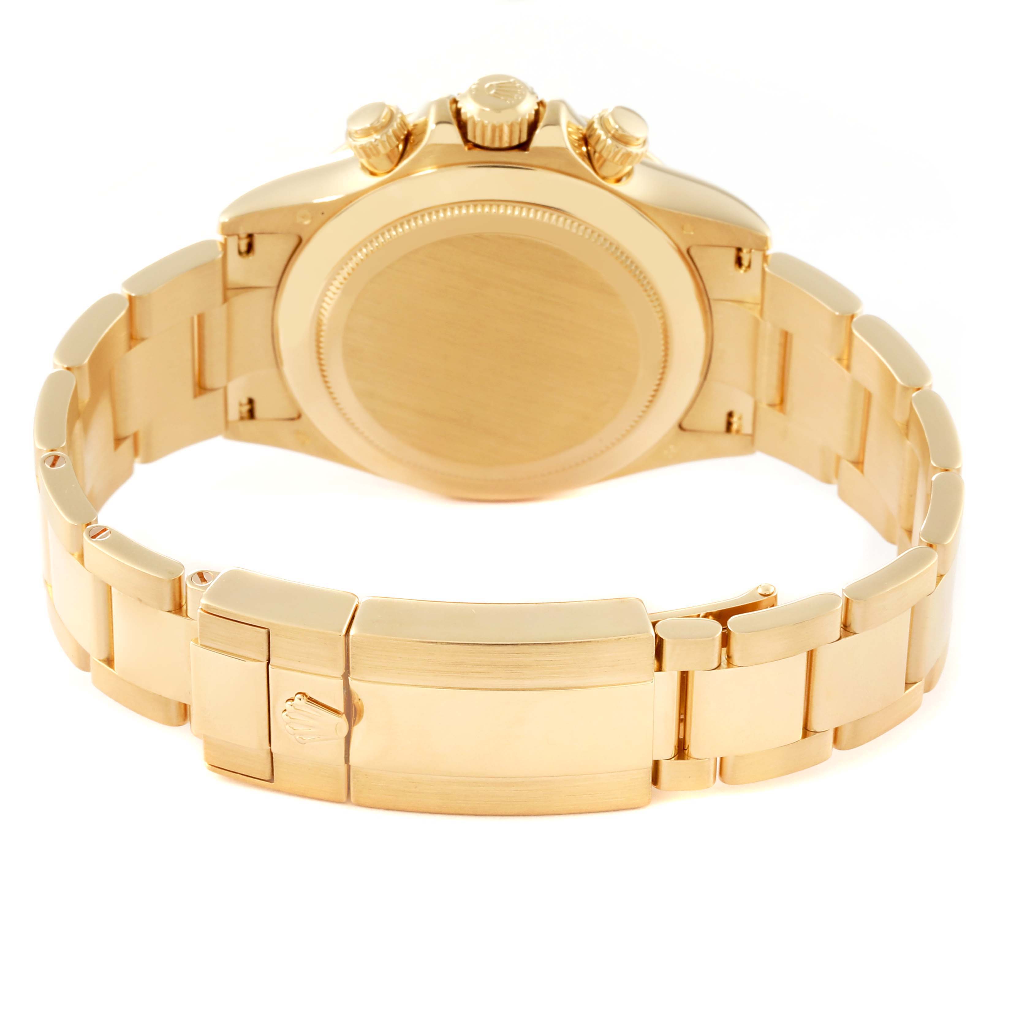 The image shows the back view of a Rolex Daytona 116508 Men's Yellow Gold Green Dial 116508 Men's Yellow Gold Green Dial watch, highlighting the clasp, case back, and bracelet links.