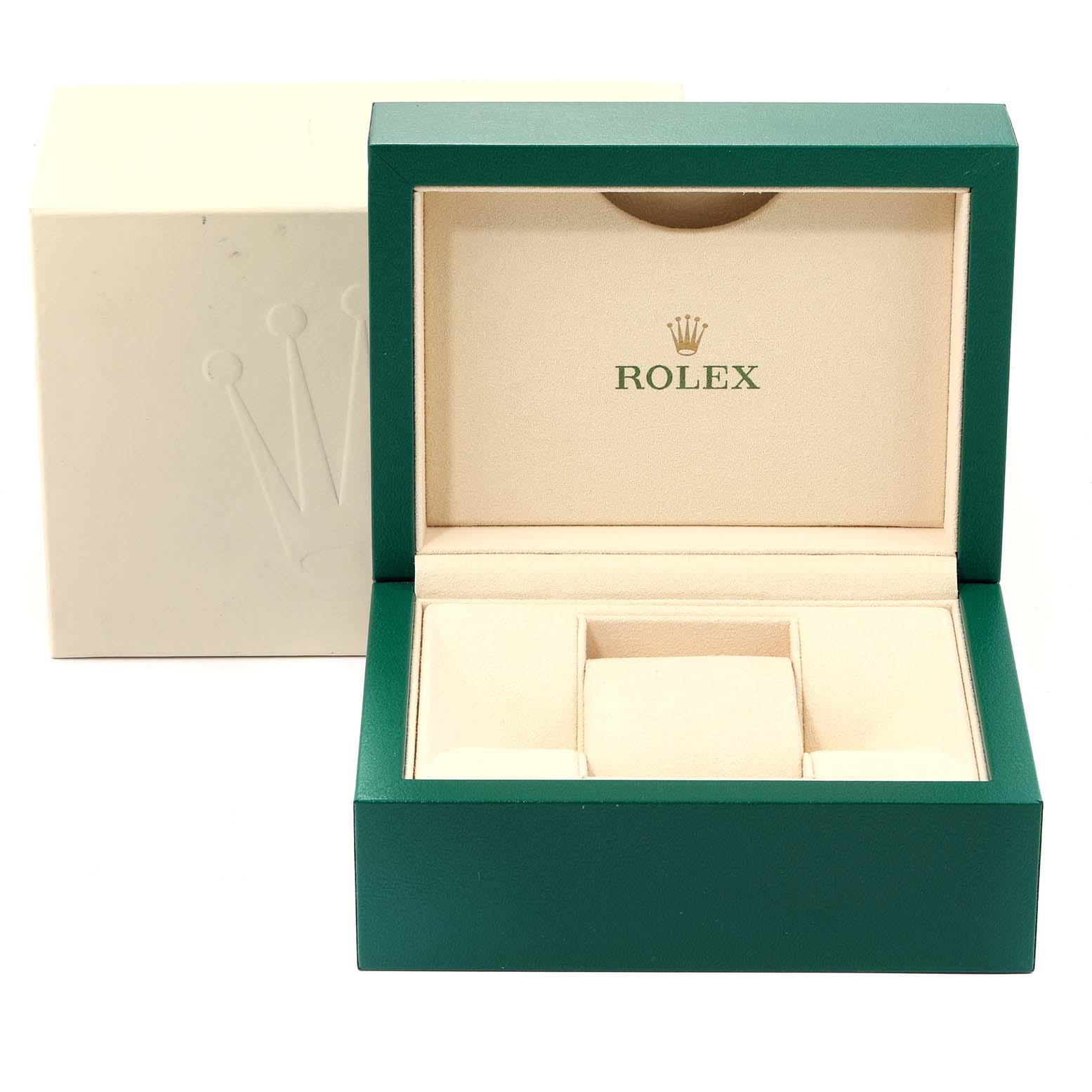 The image shows an open Rolex Explorer 214270 Men
s Stainless Steel Black Dial 214270 Men
s Stainless Steel Black Dial watch box, with the inner cushioned section and the outer packaging visible.