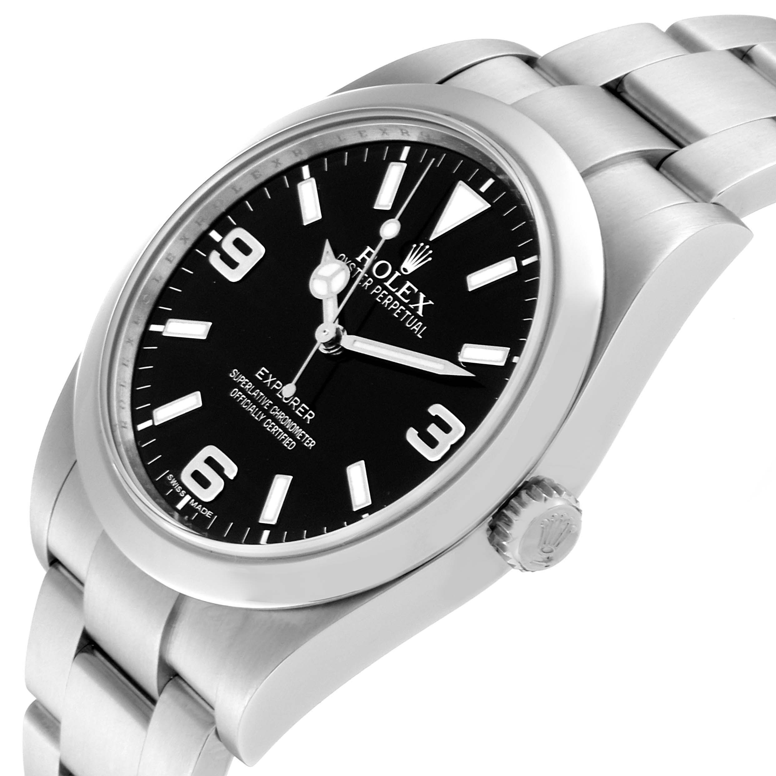 This image shows a close-up angle of a Rolex Explorer 214270 Men
s Stainless Steel Black Dial 214270 Men
s Stainless Steel Black Dial model displaying the watch dial, crown, and part of the bracelet.