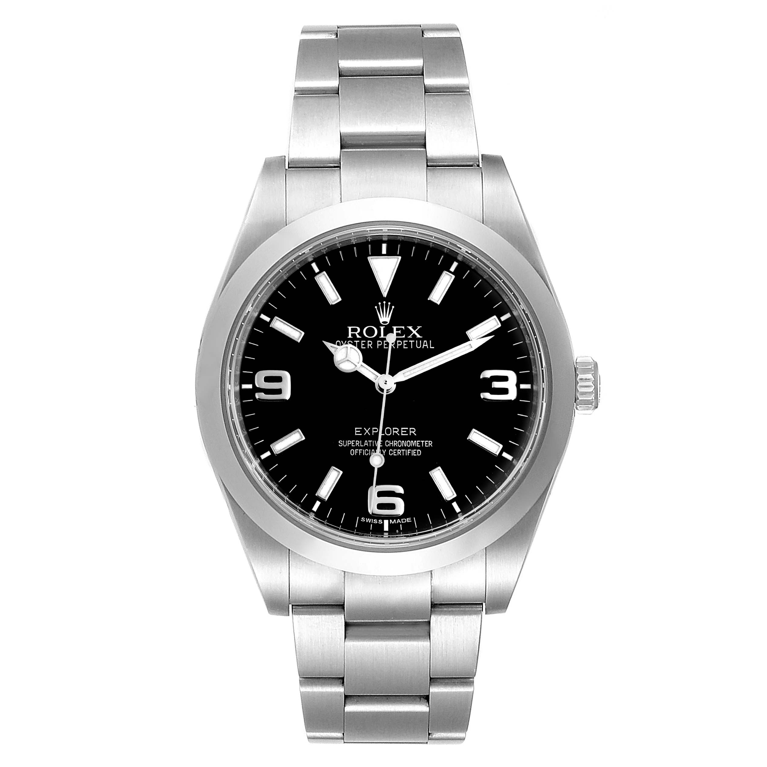 This image shows a frontal view of the Rolex Explorer 214270 Men
s Stainless Steel Black Dial 214270 Men
s Stainless Steel Black Dial watch, highlighting its dial, bezel, crown, and bracelet.