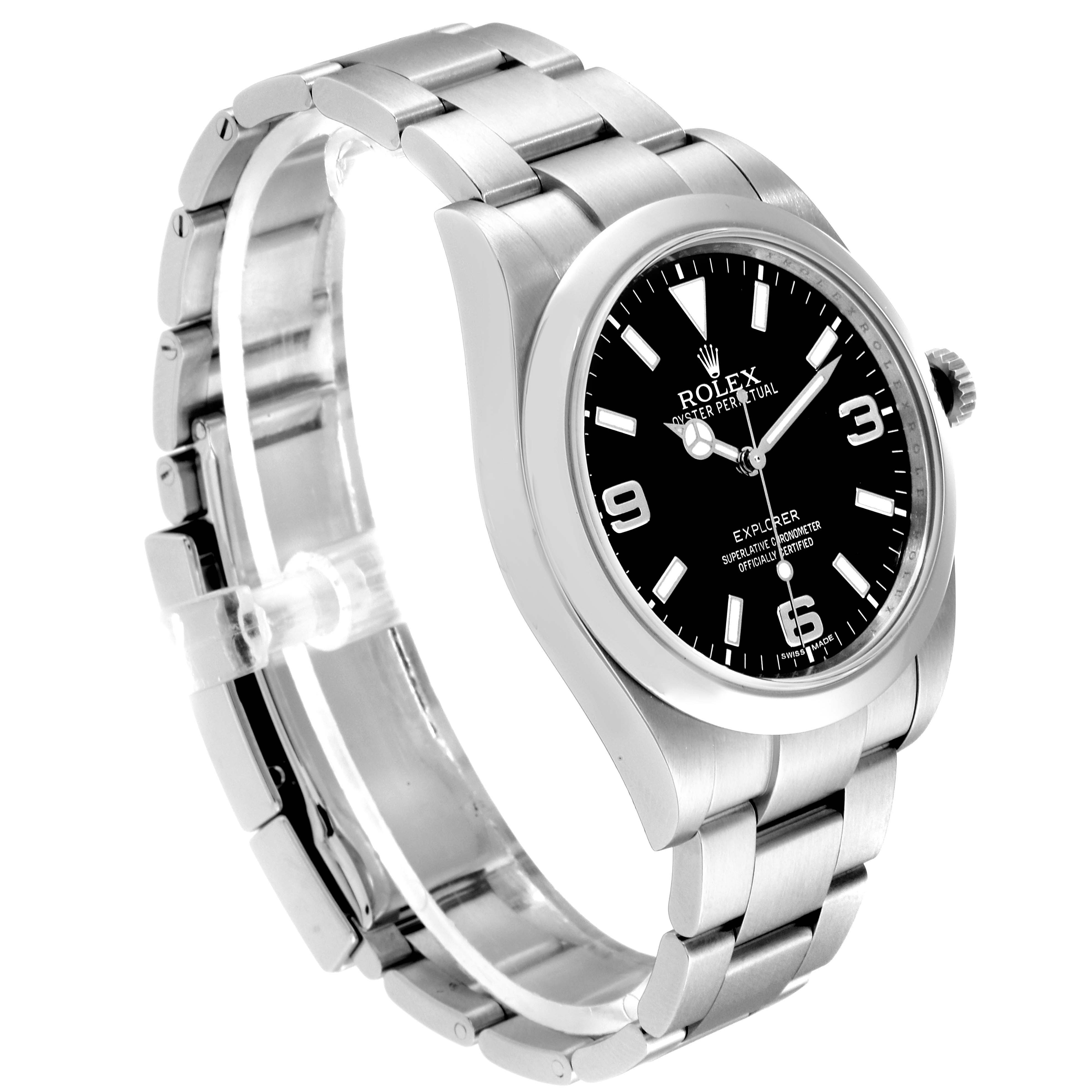 This image shows a Rolex Explorer 214270 Men
s Stainless Steel Black Dial 214270 Men
s Stainless Steel Black Dial watch at a slight angle, highlighting its dial, bezel, and metal bracelet.