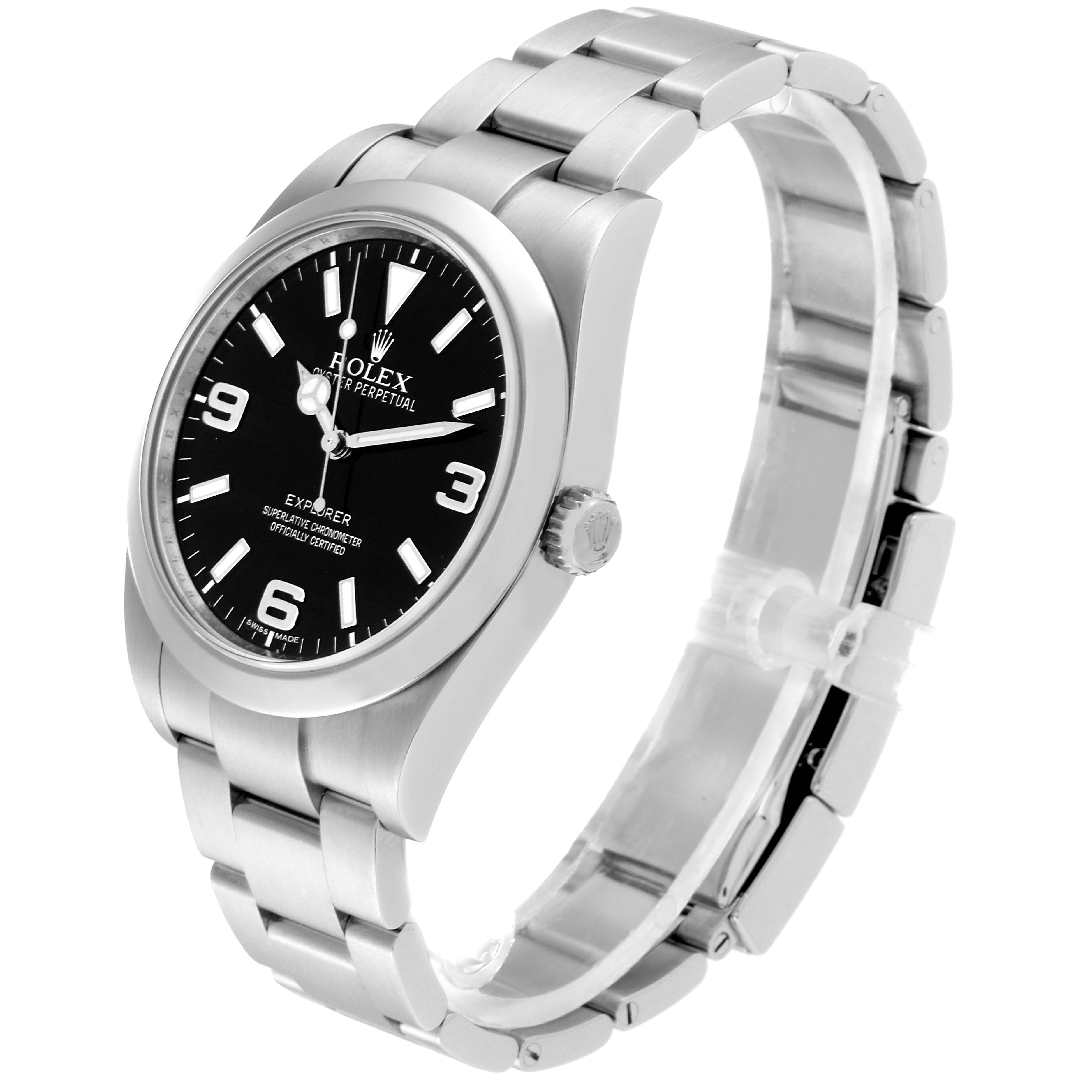The Rolex Explorer 214270 Men
s Stainless Steel Black Dial 214270 Men
s Stainless Steel Black Dial watch is shown from a side angle featuring its face, bezel, crown, and bracelet.