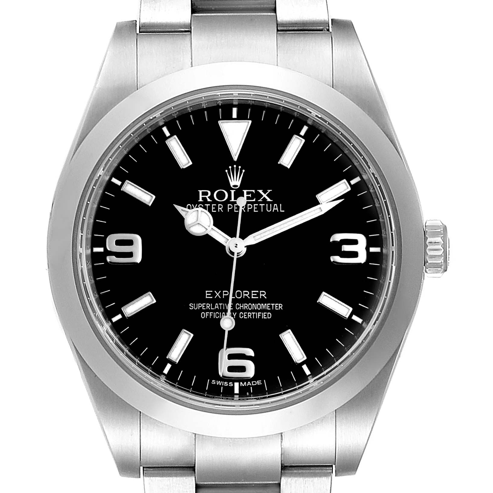 The image shows a front view of the Rolex Explorer 214270 Men
s Stainless Steel Black Dial 214270 Men
s Stainless Steel Black Dial watch, highlighting its black dial, bracelet, and crown.
