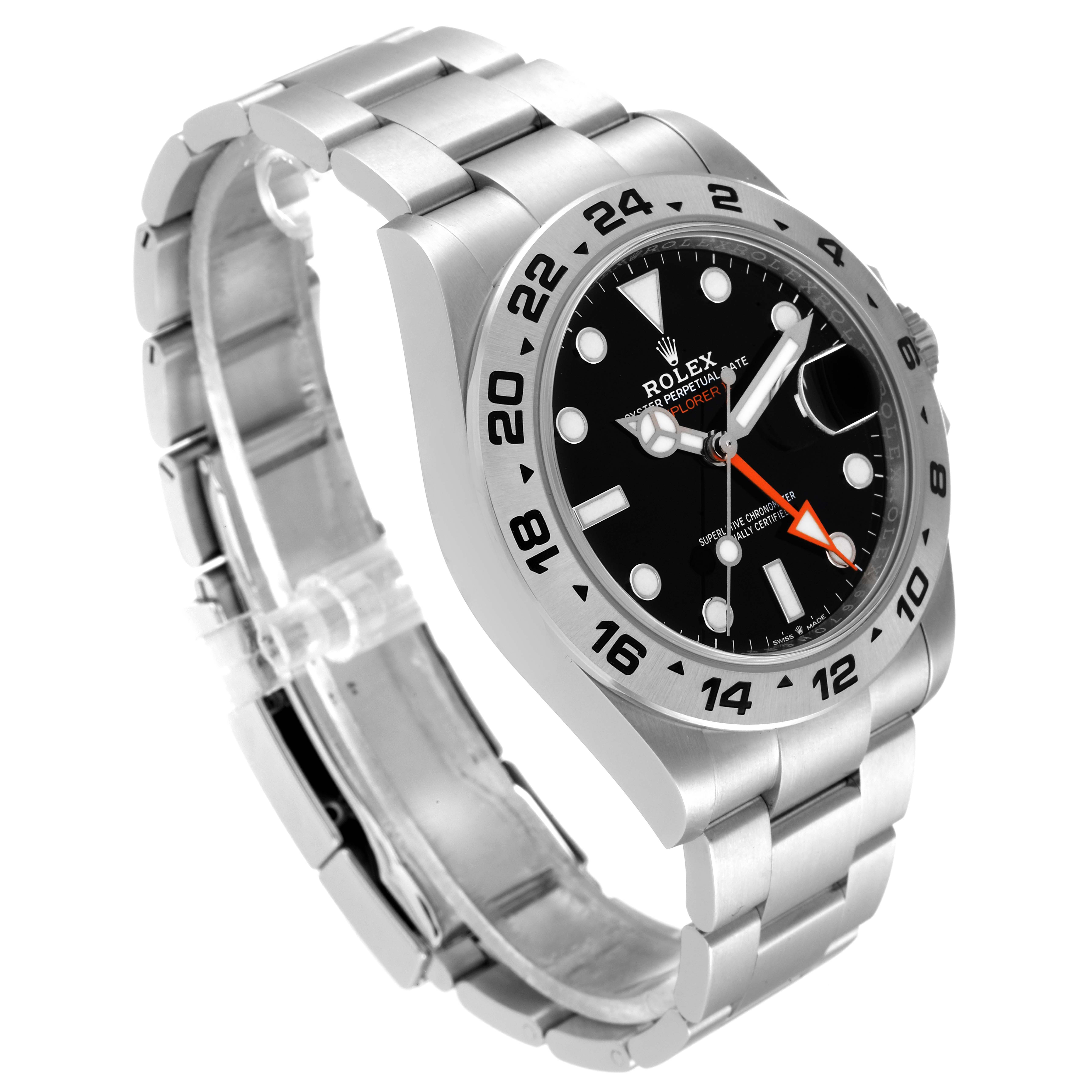 The image shows a Rolex Explorer 226570 Men's Stainless Steel Black Dial 226570 Men's Stainless Steel Black Dial watch at a side angle, featuring its bracelet, dial, and bezel.