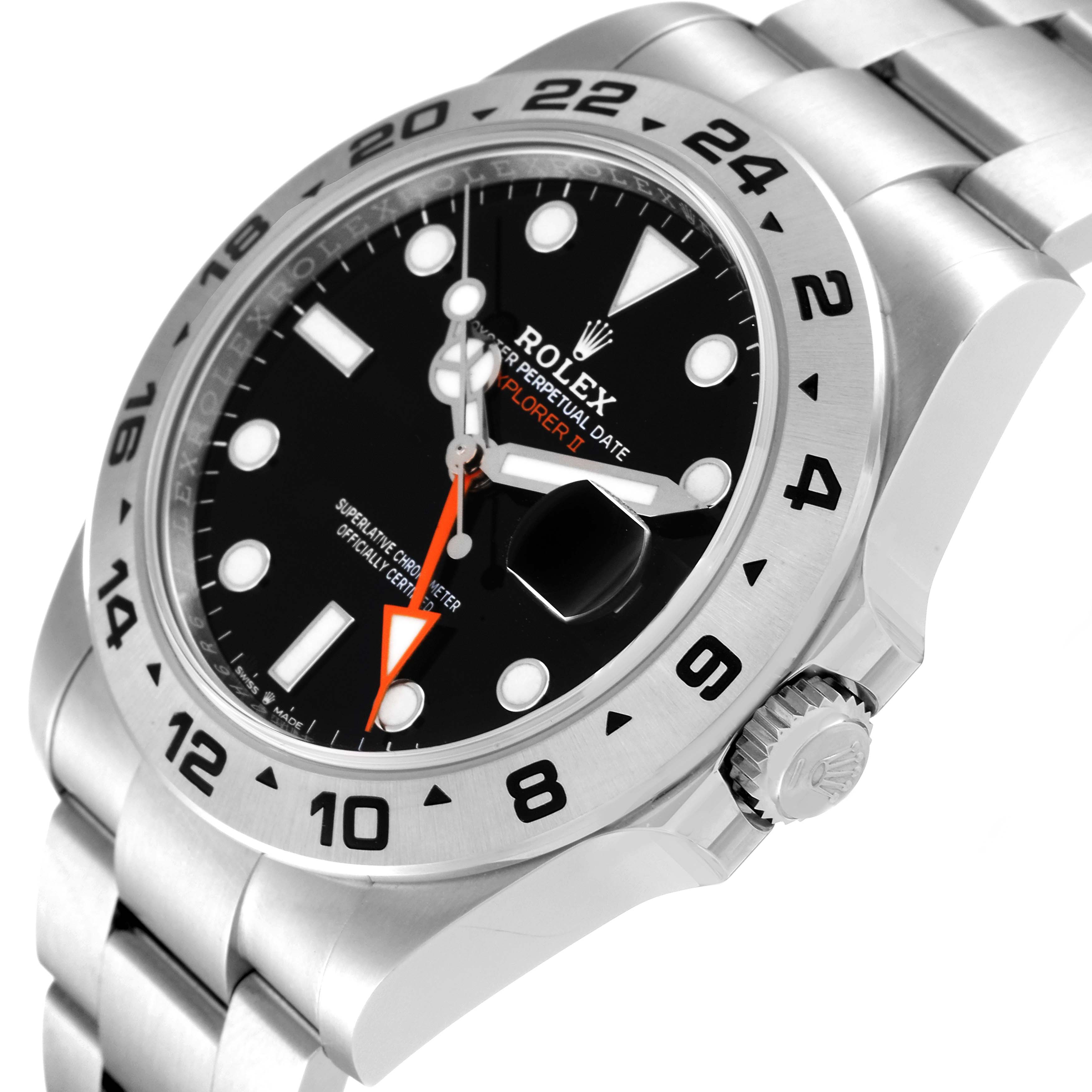 The image shows a close-up angle of the face and side crown of a Rolex Explorer 226570 Men's Stainless Steel Black Dial 226570 Men's Stainless Steel Black Dial watch, highlighting its black dial and steel bracelet.
