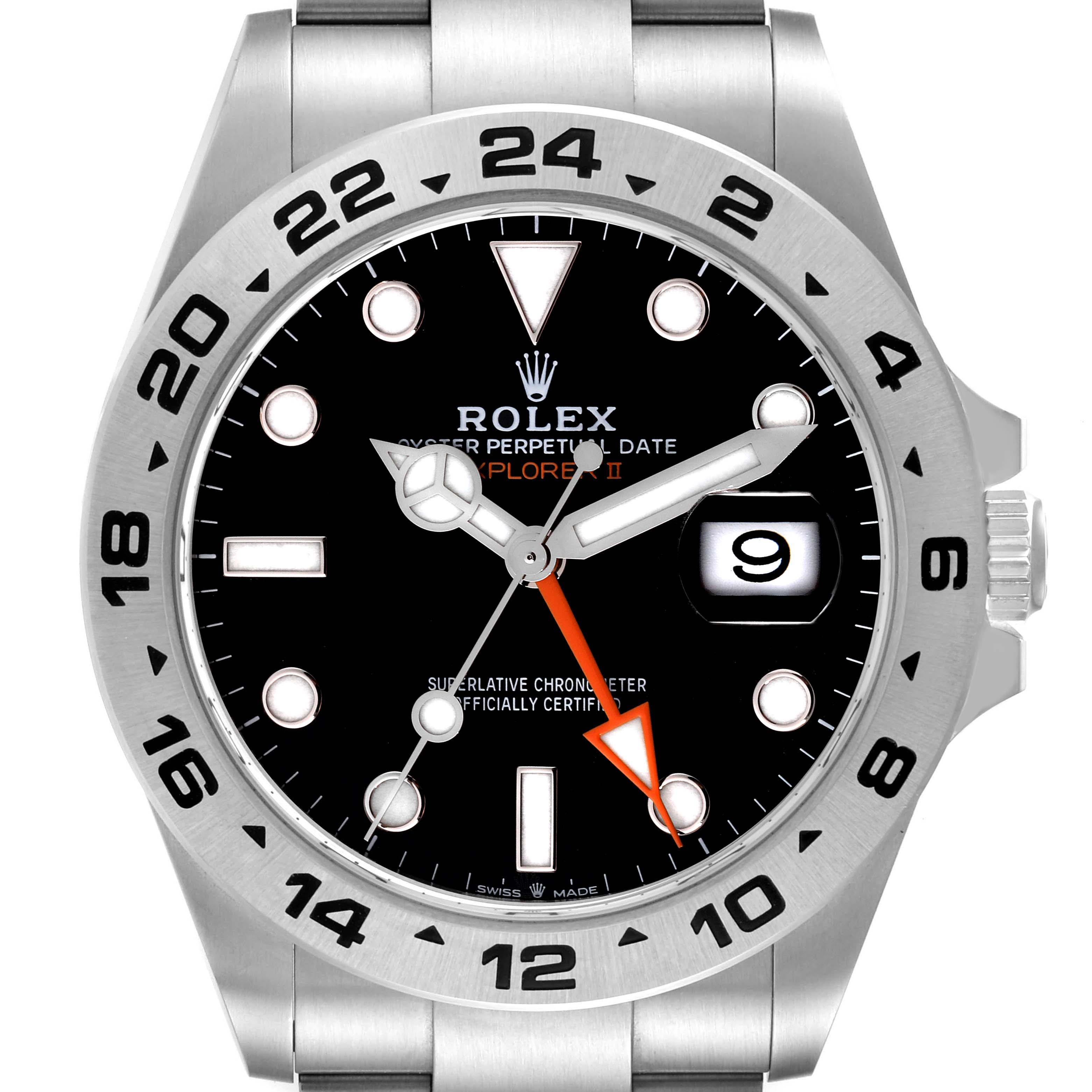 The image shows a frontal view of a Rolex Explorer 226570 Men's Stainless Steel Black Dial 226570 Men's Stainless Steel Black Dial watch, highlighting its dial, bezel, hands, and date display.