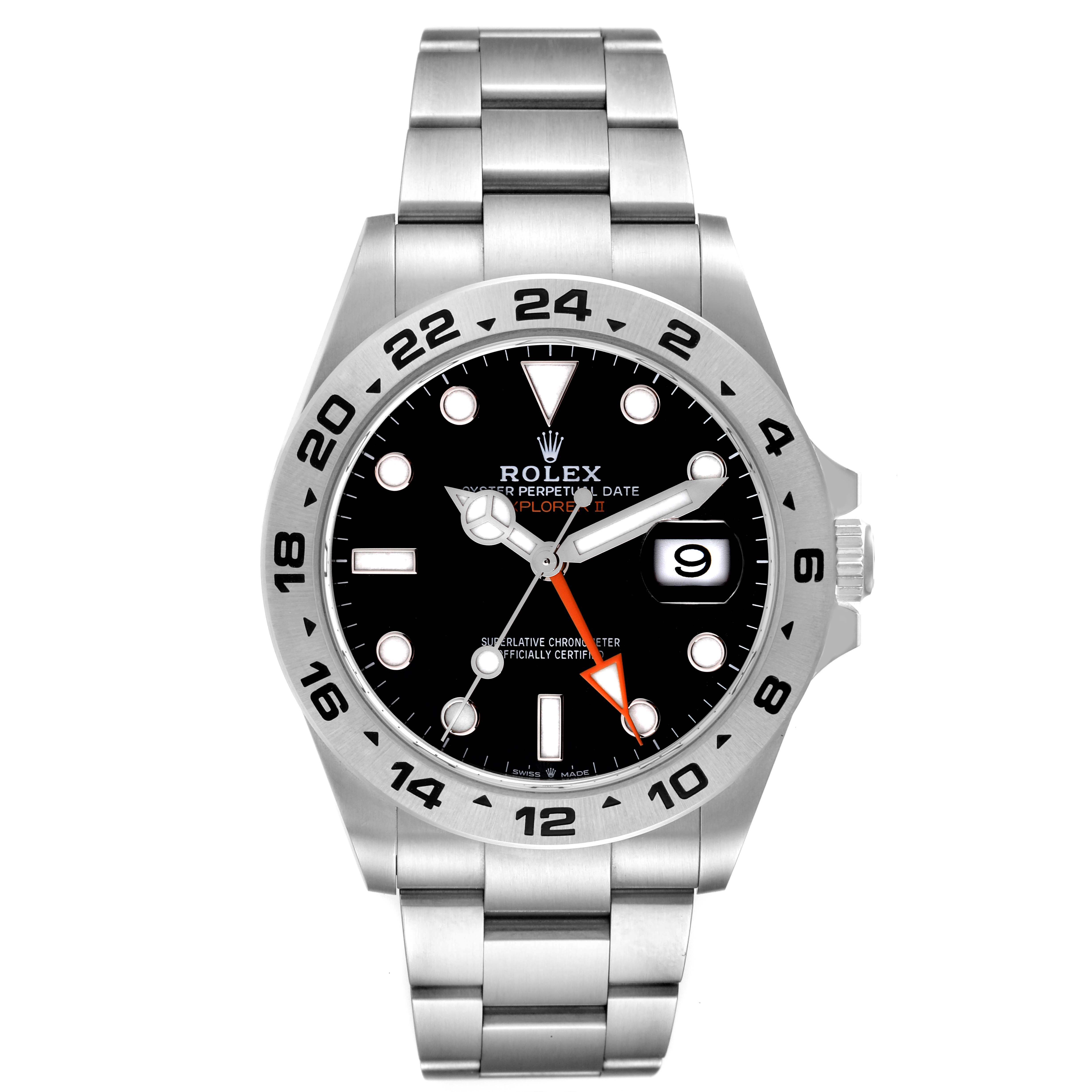 This image shows a front view of a Rolex Explorer 226570 Men's Stainless Steel Black Dial 226570 Men's Stainless Steel Black Dial watch, featuring the bezel, dial, hands, and part of the bracelet.