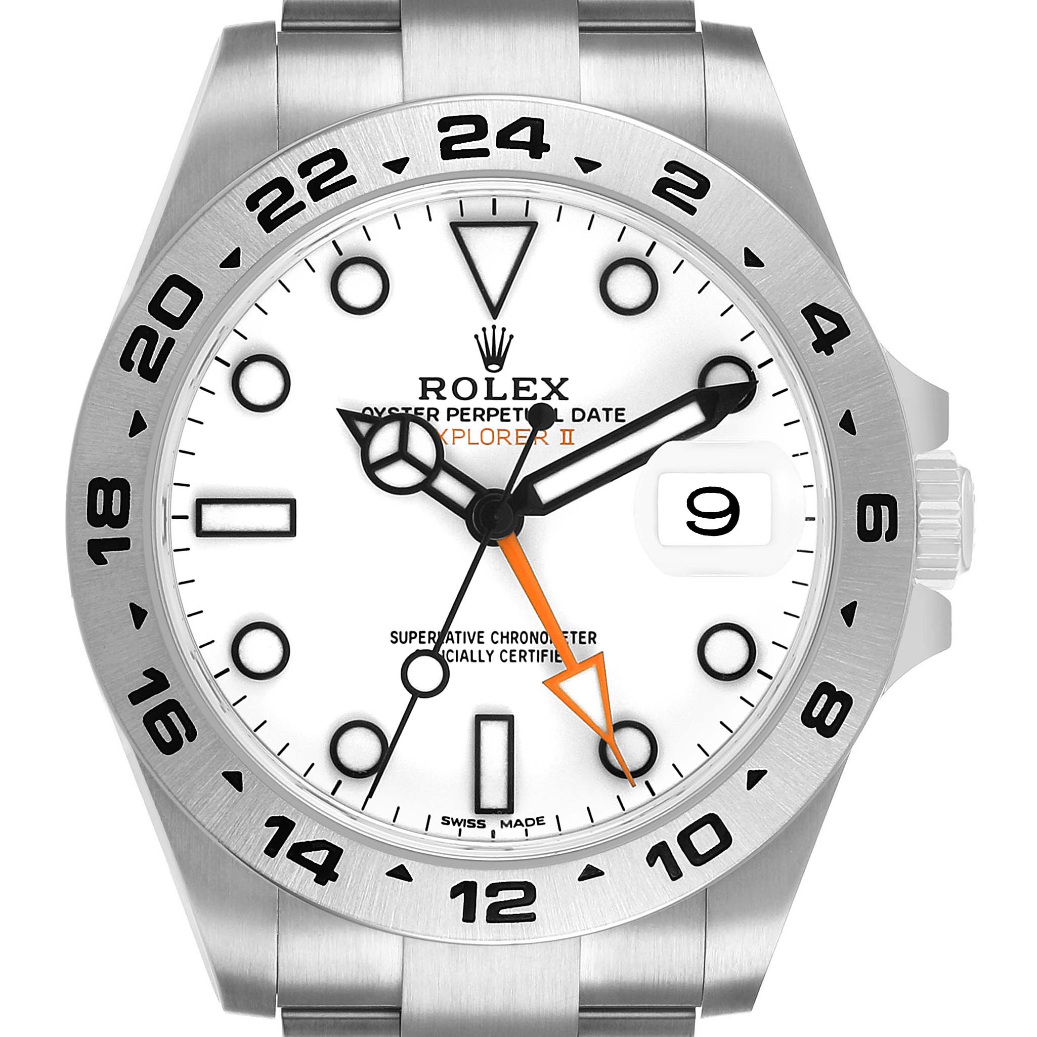 The image shows a front view of the Rolex Explorer 216570 Men's Stainless Steel White Dial II, highlighting the dial, bezel, and partially the bracelet.