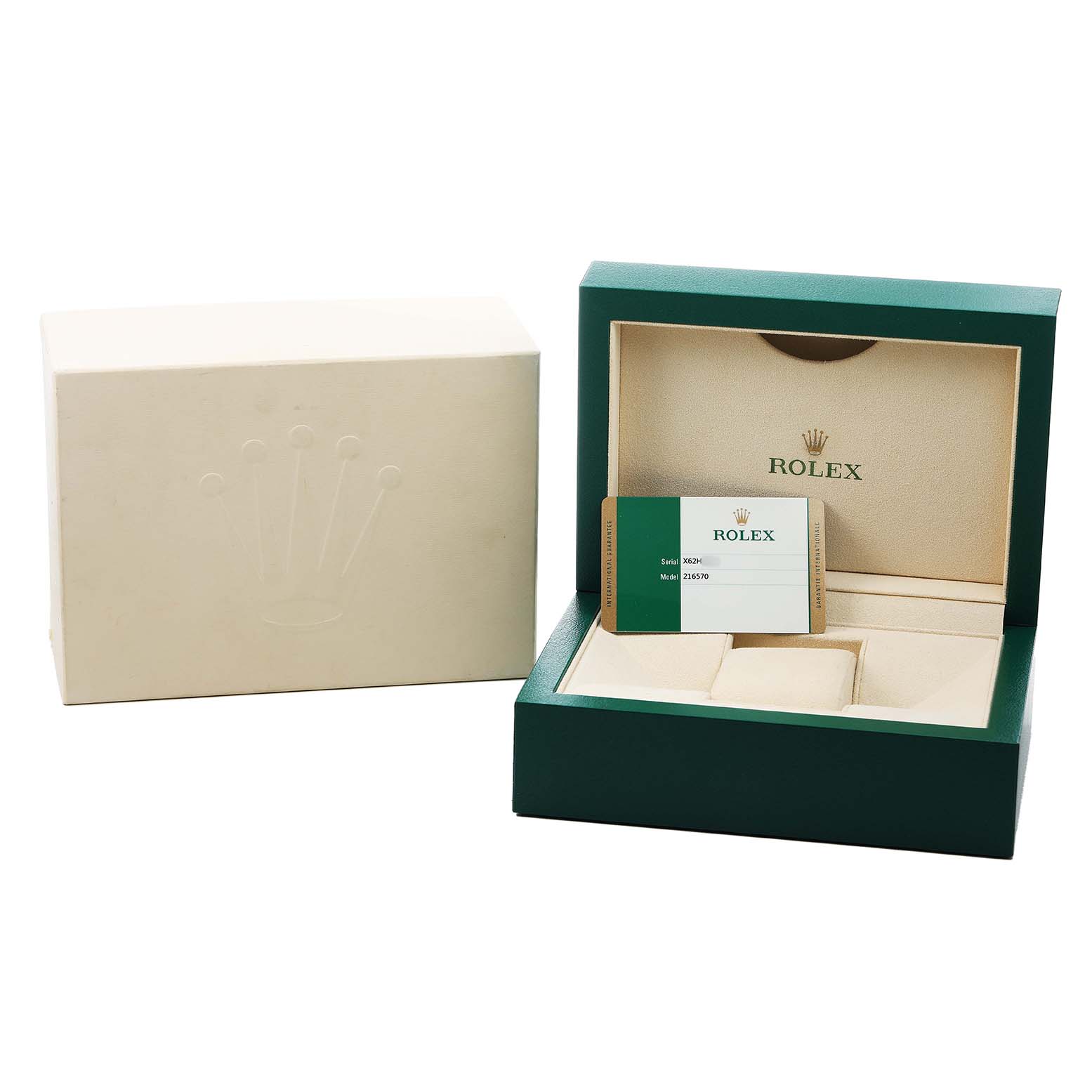 The image shows the packaging and inner box of a Rolex Explorer 216570 Men's Stainless Steel White Dial, with the outer box and authenticity card visible.