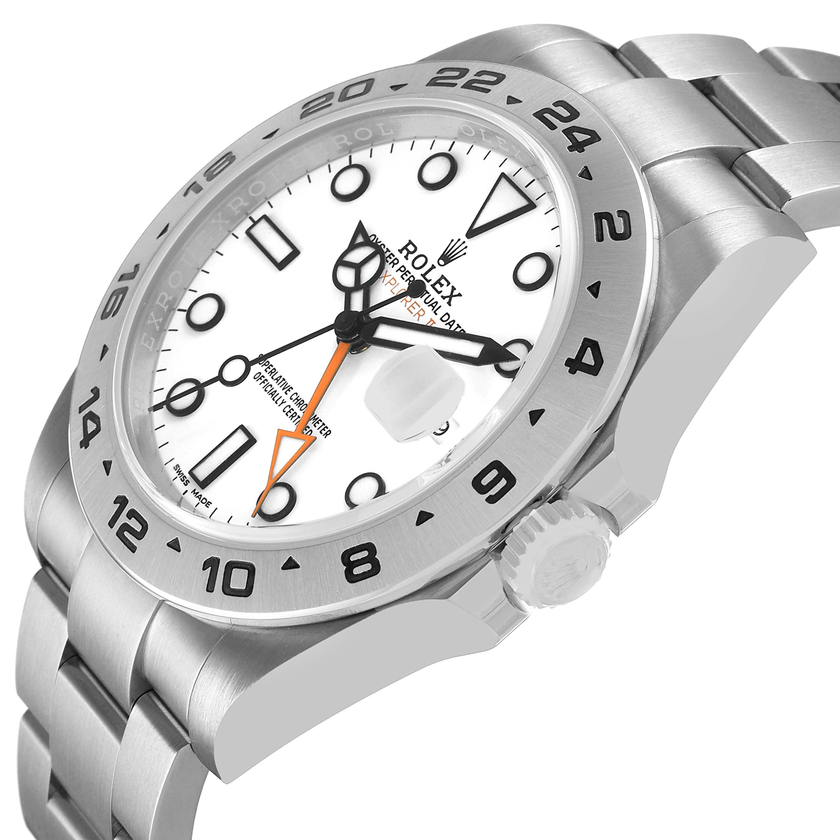 The Rolex Explorer 216570 Men's Stainless Steel White Dial model is shown at an angled view, highlighting the bezel, dial, crown, and bracelet.