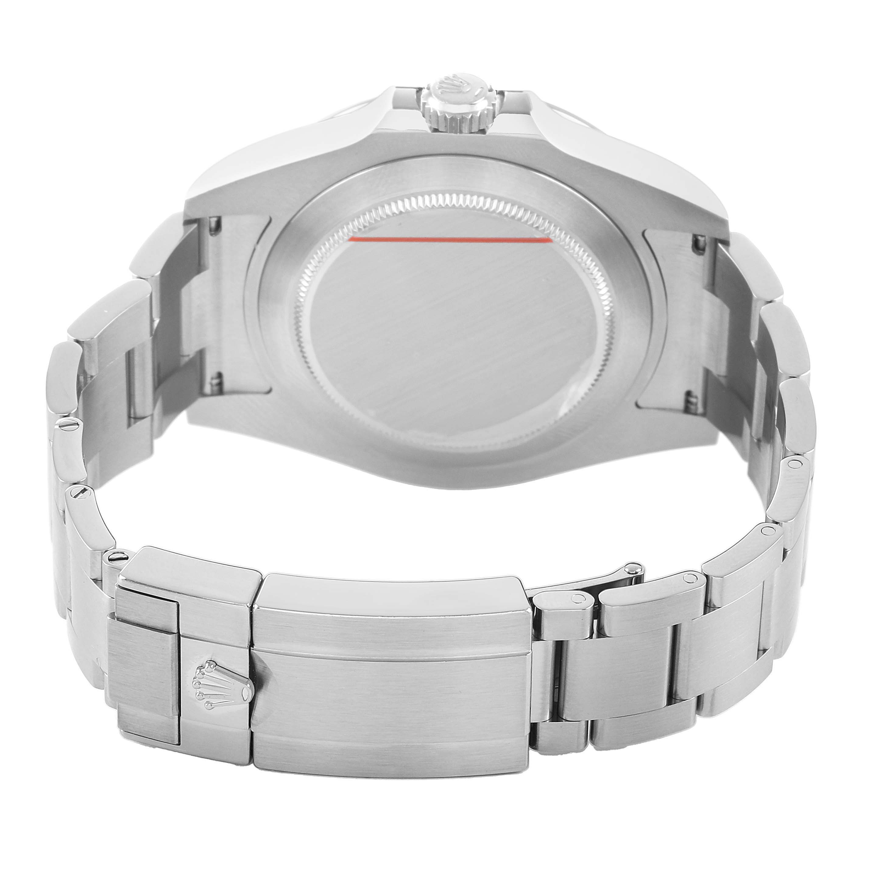 The image shows the back of the Rolex Explorer 216570 Men's Stainless Steel White Dial watch, highlighting its case back, crown, and bracelet clasp from a rear angle.