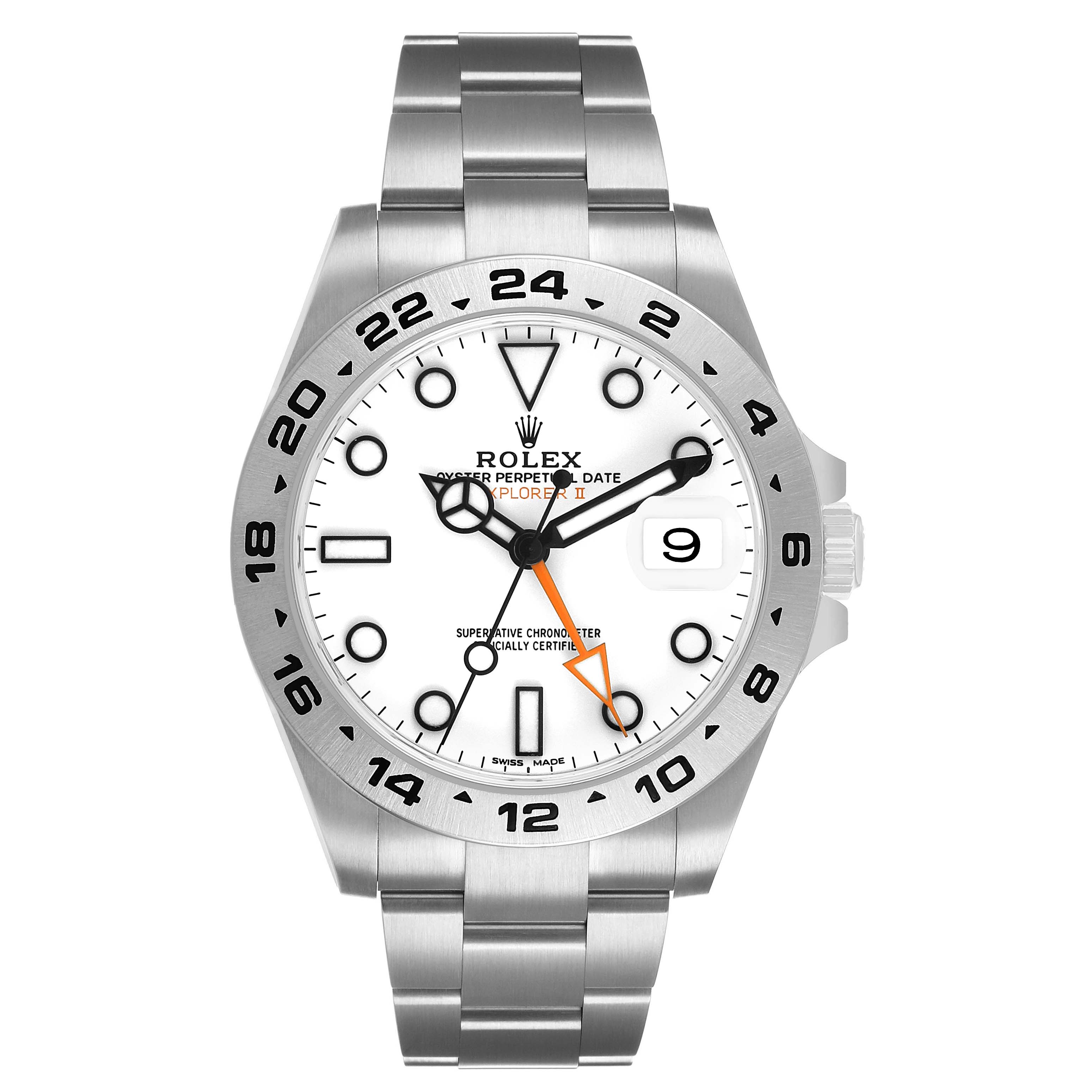 The image shows a front view of the Rolex Explorer 216570 Men's Stainless Steel White Dial II, highlighting the dial, bezel, crown, and stainless steel bracelet.