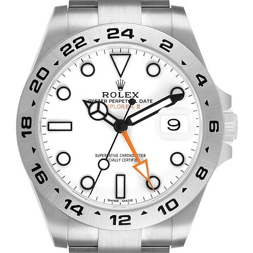 The Rolex Explorer 216570 Men's Stainless Steel White Dial model is shown from a front angle, highlighting its dial, bezel, hands, and bracelet.