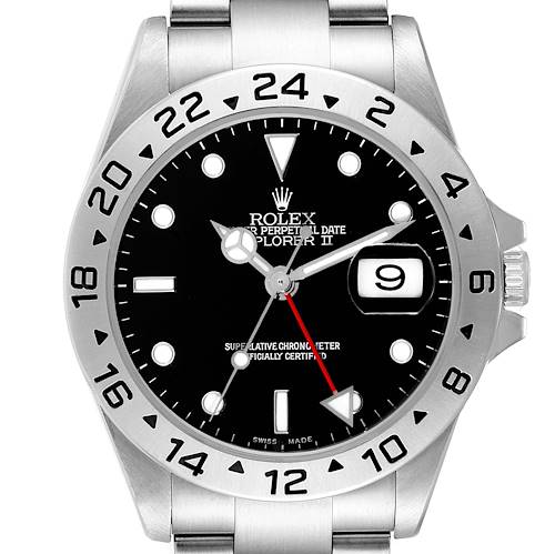 The image shows a front view of the Rolex Explorer II watch, highlighting the dial, bezel, and part of the bracelet.