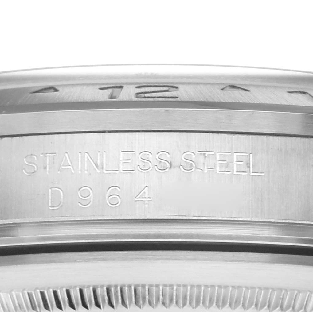 This image shows a close-up of the engraving on the stainless steel casing of a Rolex Explorer 16570 Men
s Stainless Steel Black Dial 16570 Men
s Stainless Steel Black Dial watch.