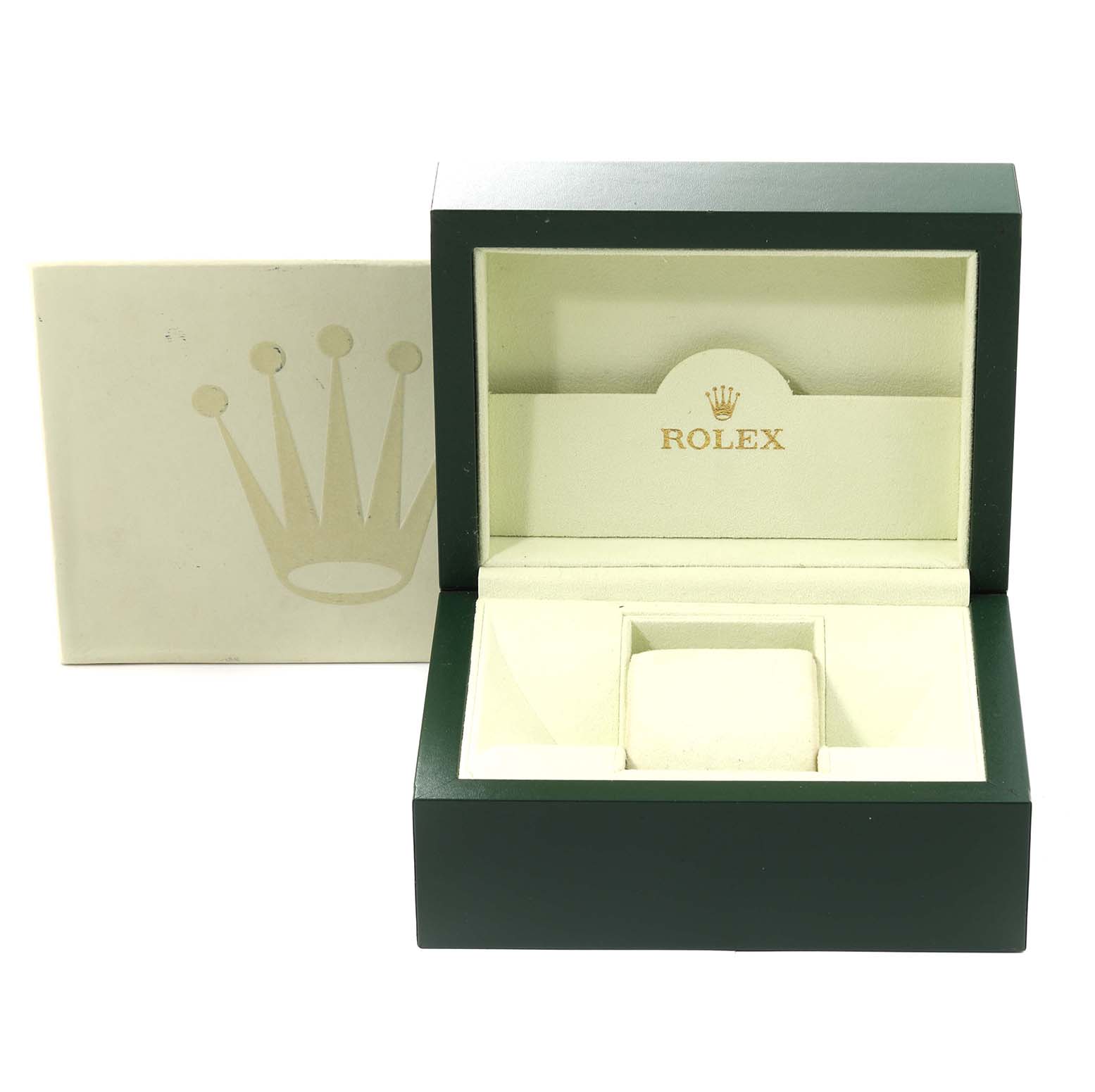 The image shows an open box for the Rolex Explorer 16570 Men
s Stainless Steel Black Dial 16570 Men
s Stainless Steel Black Dial model, featuring the box
s interior and the protective outer case.