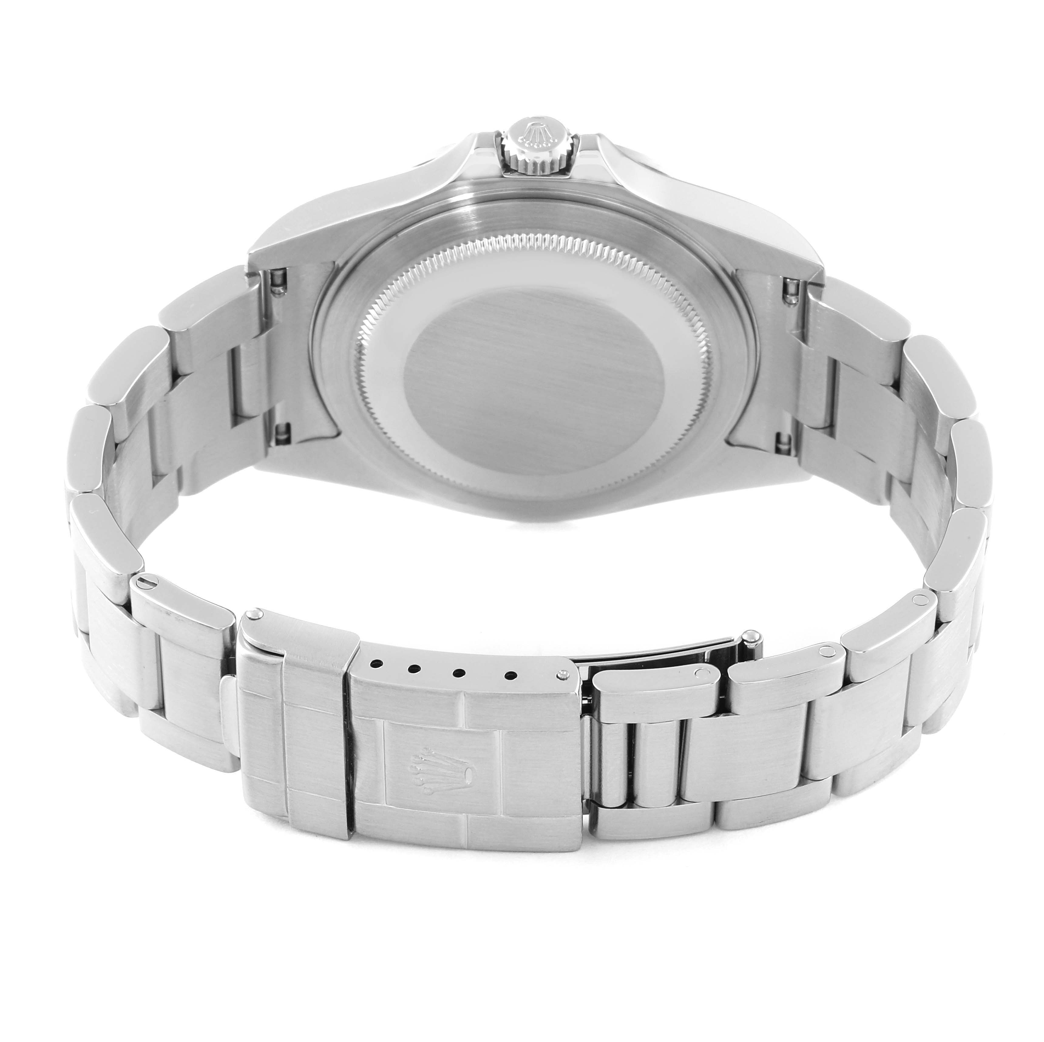 The image shows the back and clasp of a Rolex Explorer 16570 Men
s Stainless Steel Black Dial 16570 Men
s Stainless Steel Black Dial watch, displaying the bracelet and case back.