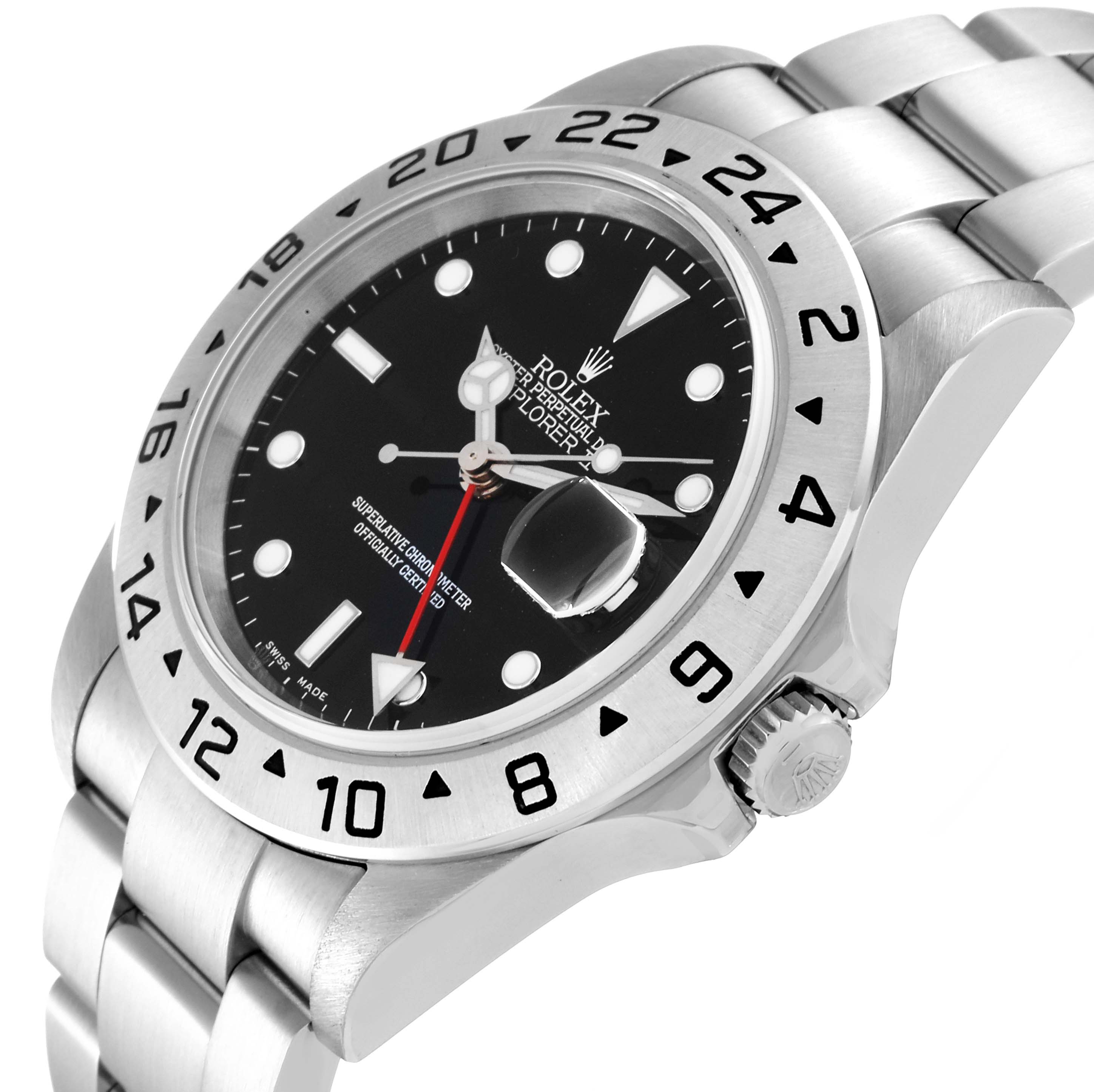 The image shows a side angle of the Rolex Explorer 16570 Men
s Stainless Steel Black Dial 16570 Men
s Stainless Steel Black Dial watch, highlighting the dial, bezel, crown, and metal watchband.