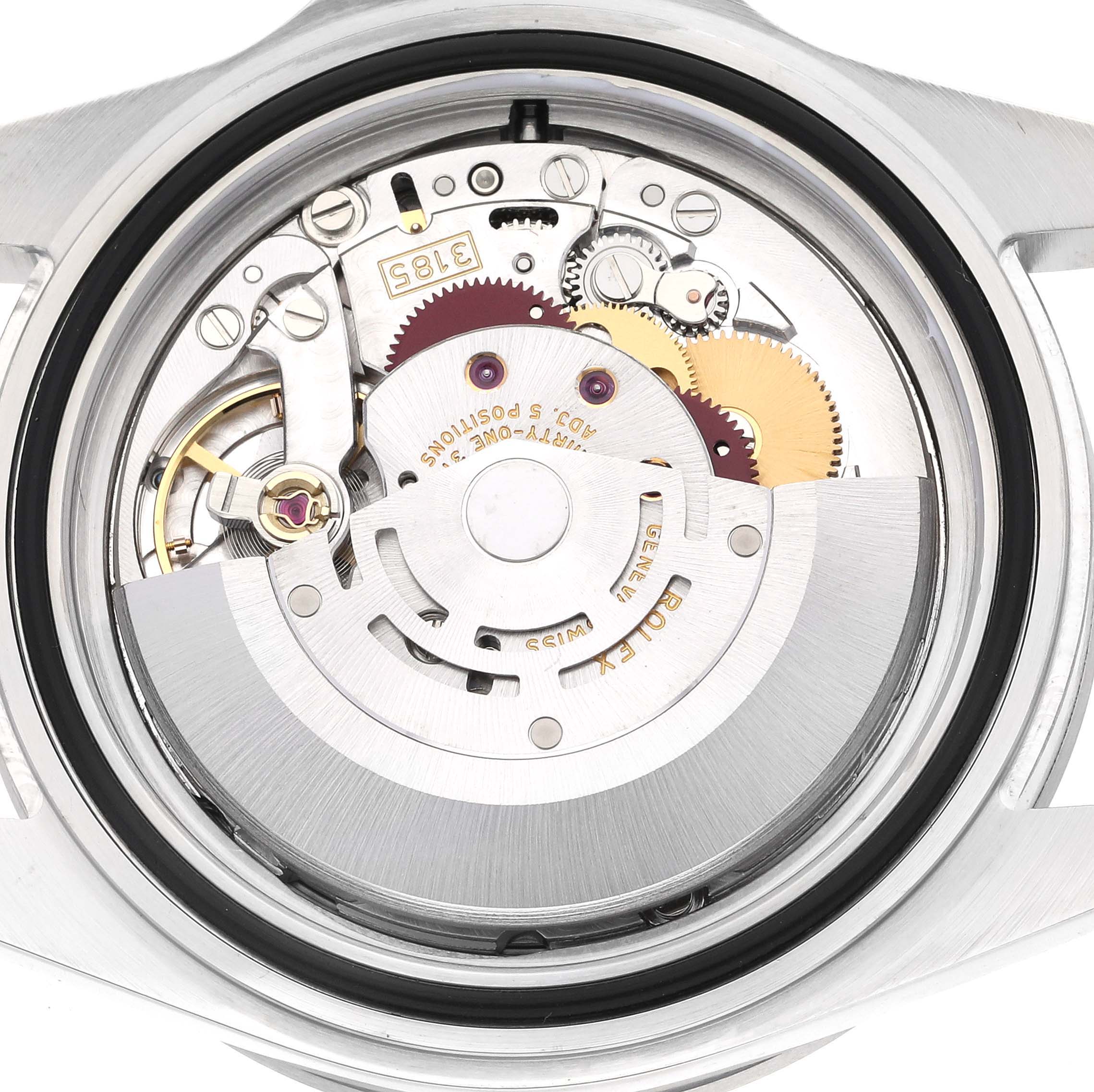 The image shows the internal mechanism and movement of a Rolex Explorer 16570 Men
s Stainless Steel Black Dial 16570 Men
s Stainless Steel Black Dial watch viewed from the back.