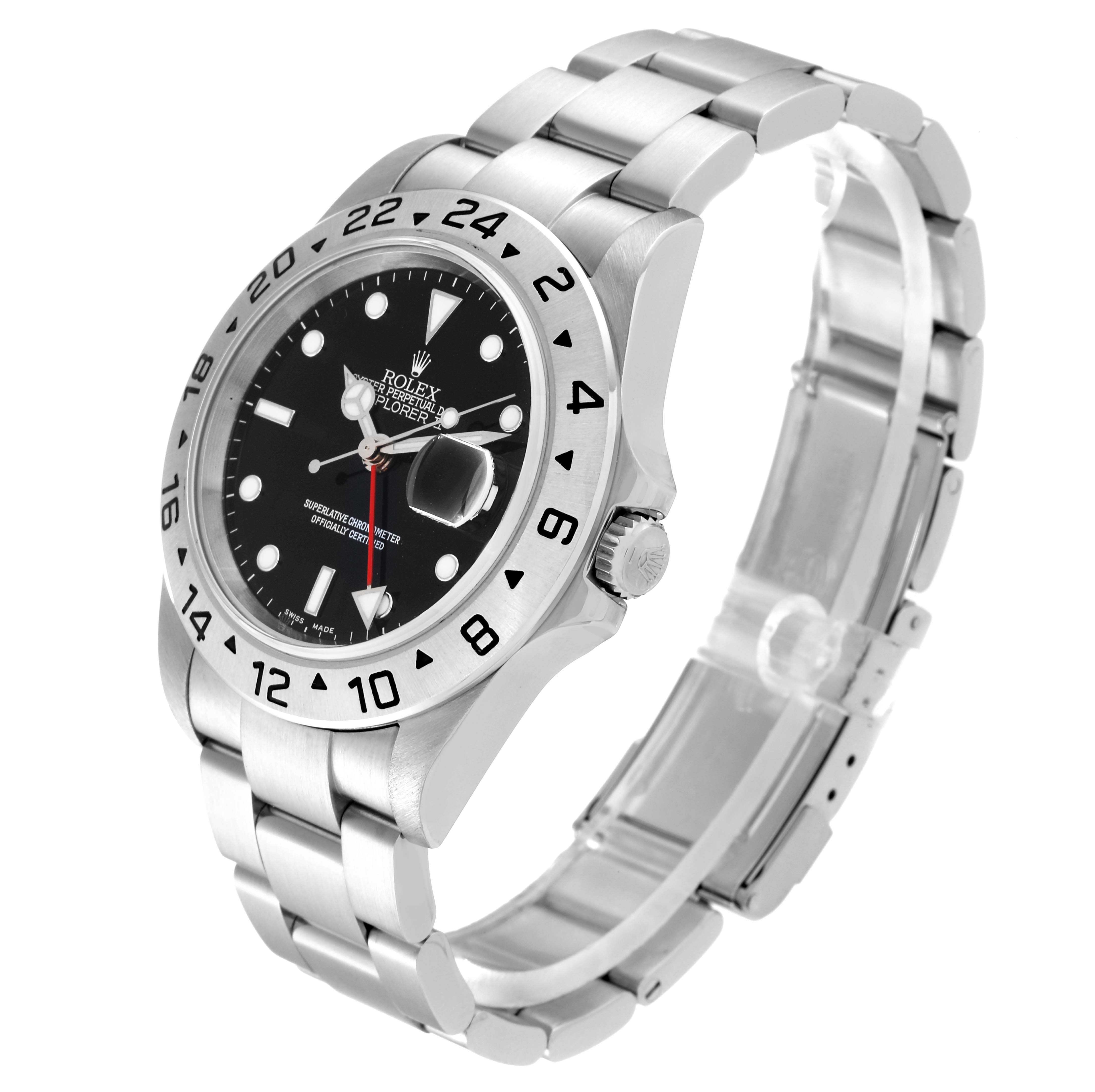 The image shows a Rolex Explorer 16570 Men
s Stainless Steel Black Dial 16570 Men
s Stainless Steel Black Dial model watch at an angled side view, displaying the bezel, crown, dial, bracelet, and clasp.