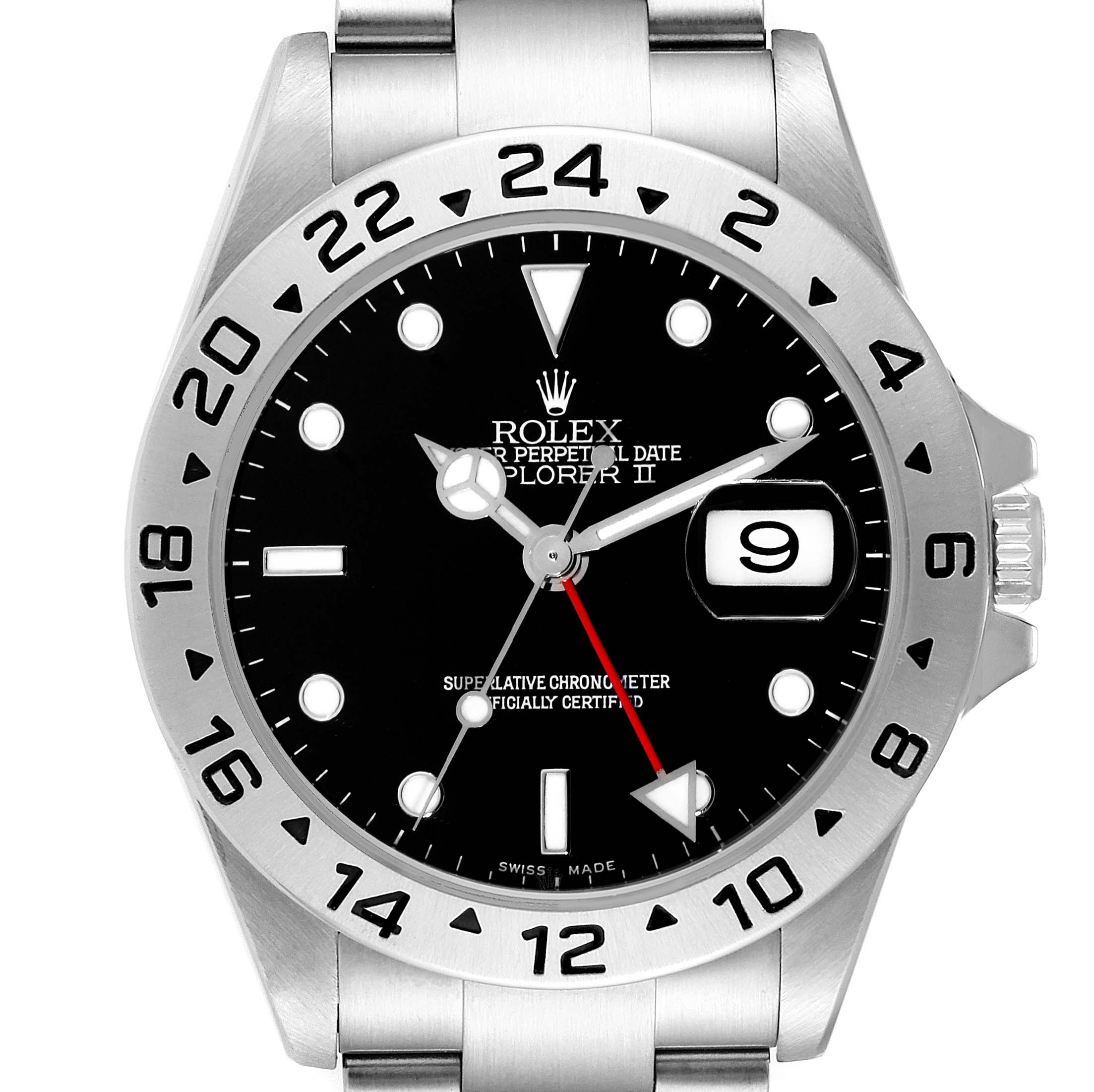 The image shows a front view of the Rolex Explorer 16570 Men
s Stainless Steel Black Dial 16570 Men
s Stainless Steel Black Dial watch, highlighting the dial, bezel, hands, date window, and part of the bracelet.