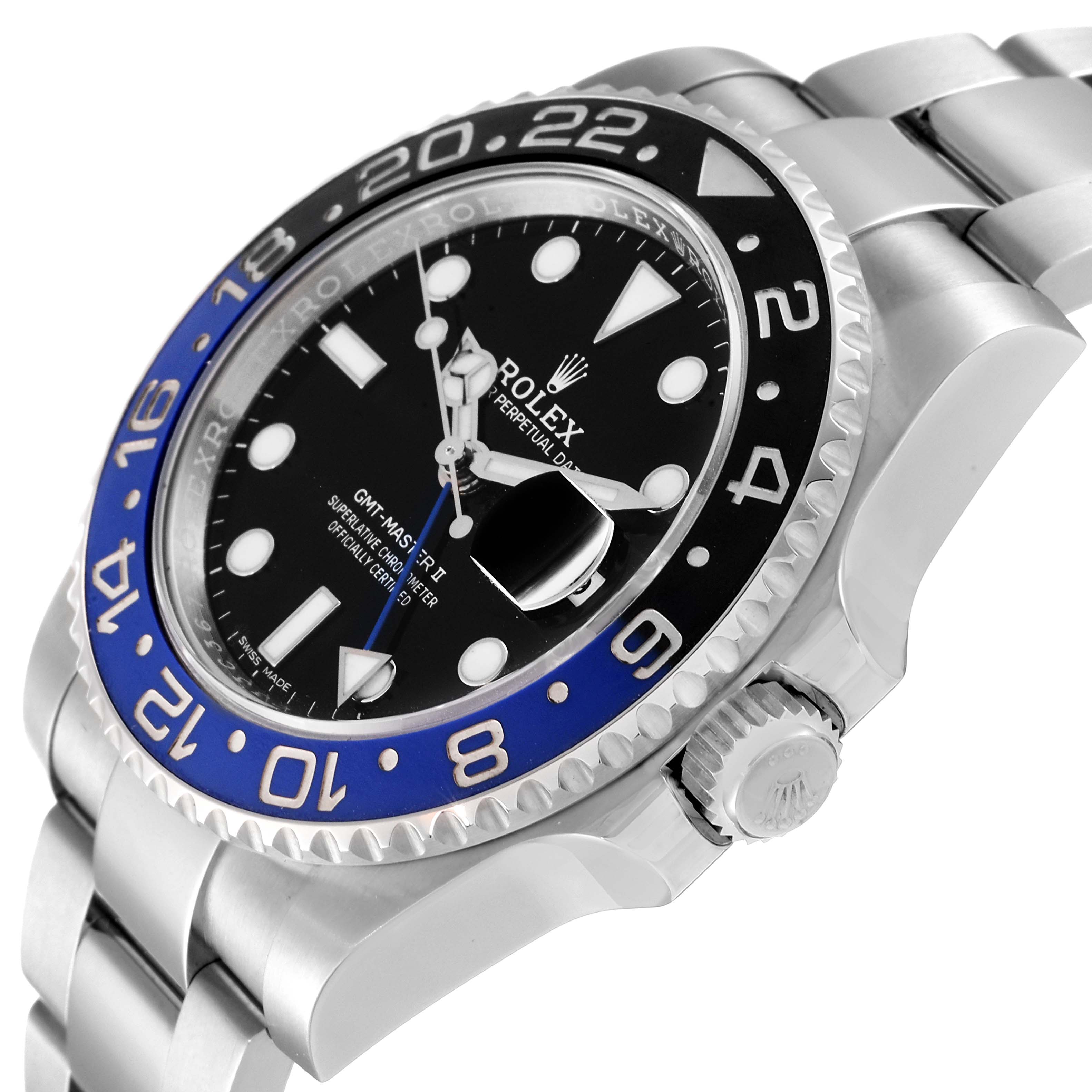 The image shows a Rolex GMT-Master 116710 Men's Stainless Steel Black Dial 116710 Men's Stainless Steel Black Dial II watch at an angled side view showcasing the bezel, face, crown, and part of the bracelet.